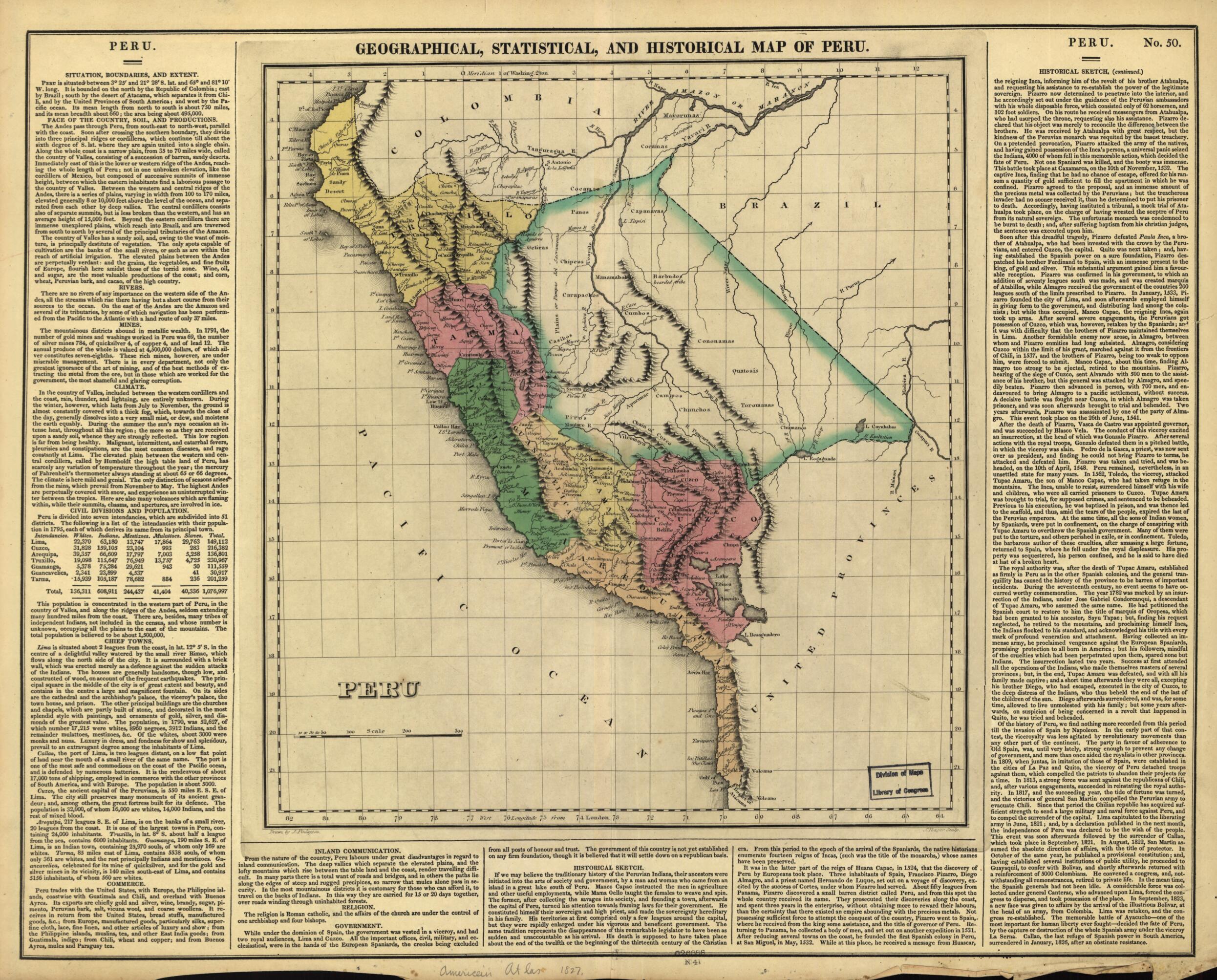 This old map of Peru (Geographical, Historical and Statistical Map of Peru) from 1827 was created by Carey & Lea, Henry Charles Carey, James Finlayson, Isaac Lea, Joseph Yeager in 1827