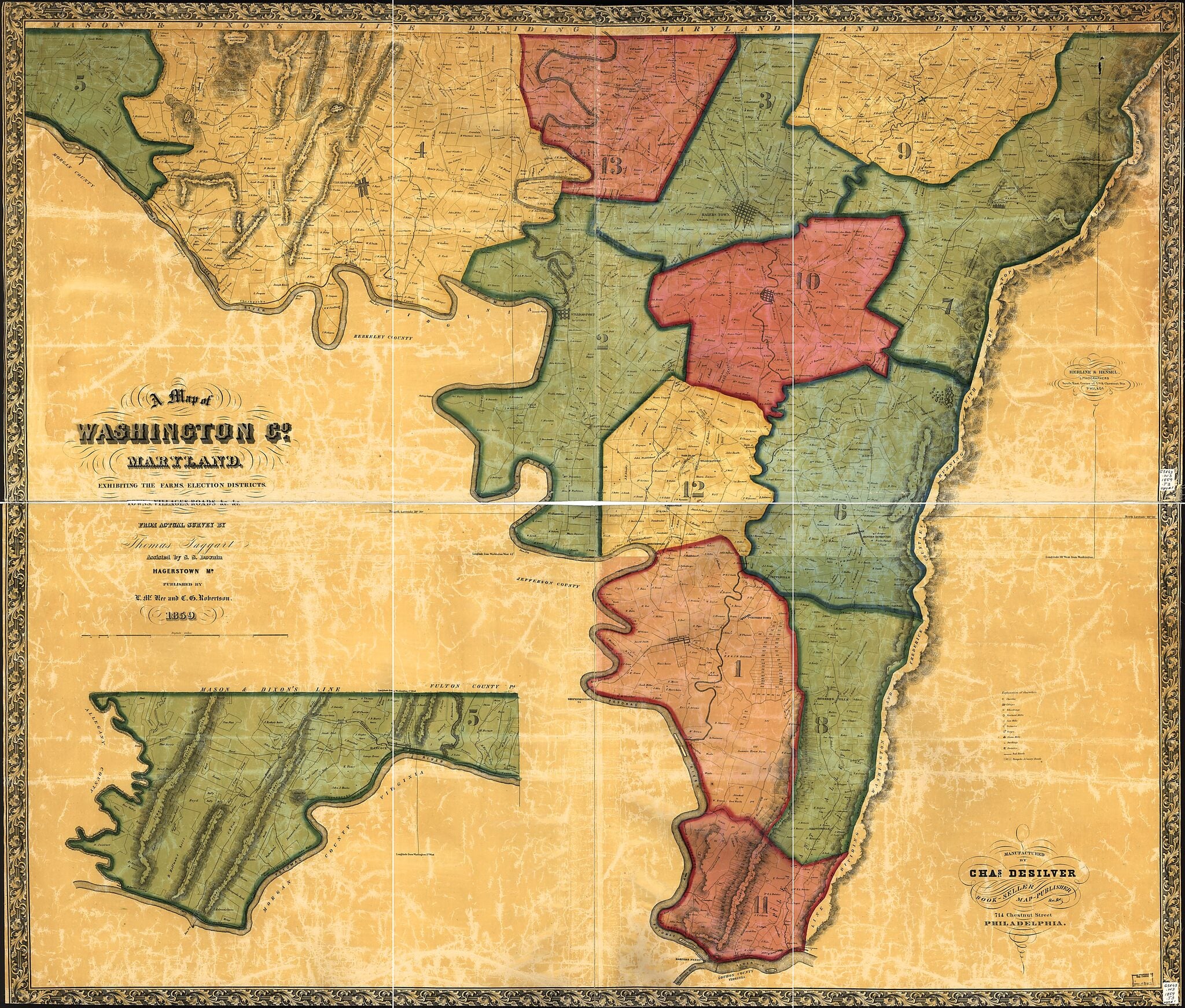 This old map of A Map of Washington County, Maryland. Exhibiting the Farms, Election Districts, Towns, Villages, Roads, Etc., Etc from 1859 was created by S. S. Downin, Thomas Taggart in 1859