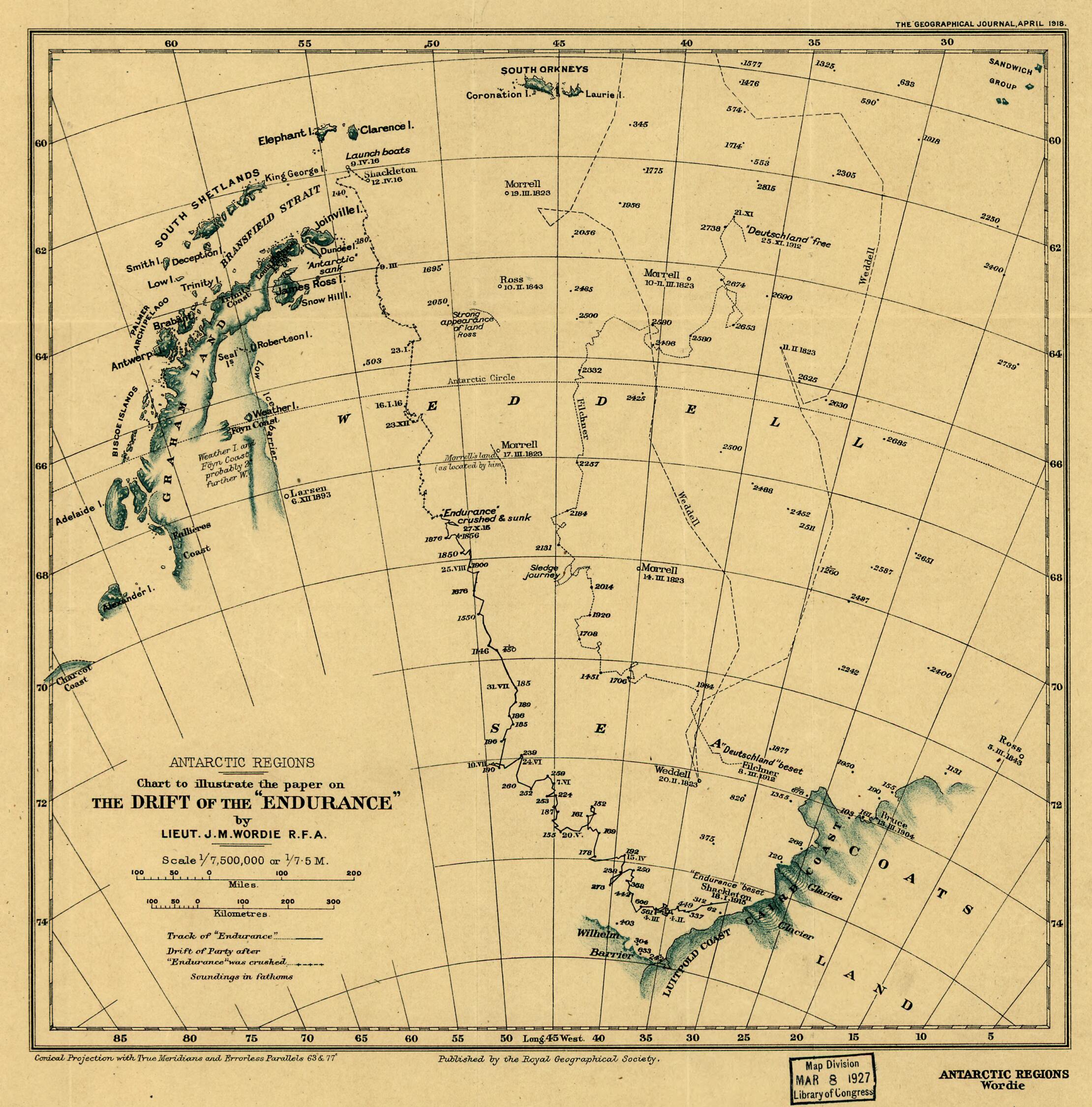 This old map of Chart to Illustrate the Paper On the Drift of the Endurance from 1918 was created by J. M. (James Mann) Wordie in 1918