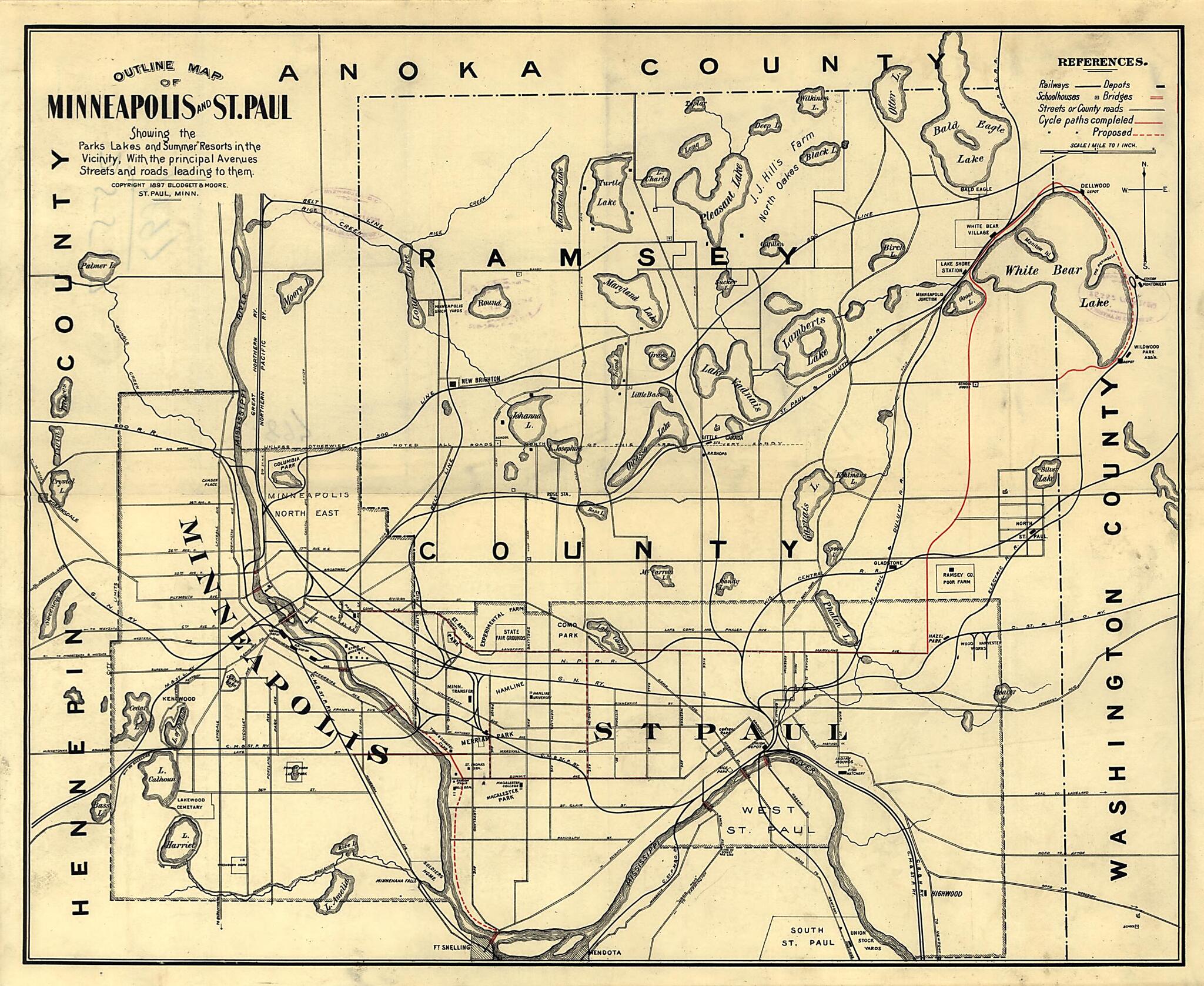 This old map of Outline Map of Minneapolis and St. Paul from 1897 was created by Blodgett & Moore in 1897