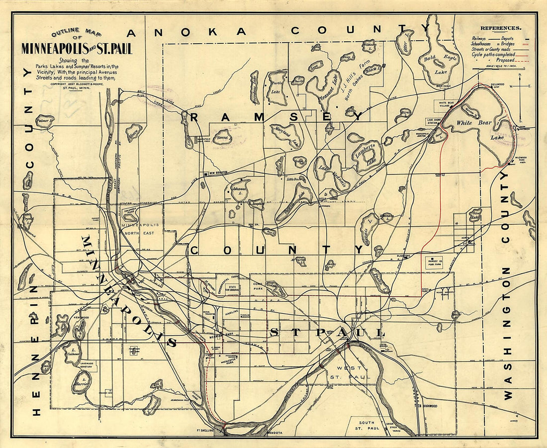 This old map of Outline Map of Minneapolis and St. Paul from 1897 was created by Blodgett & Moore in 1897
