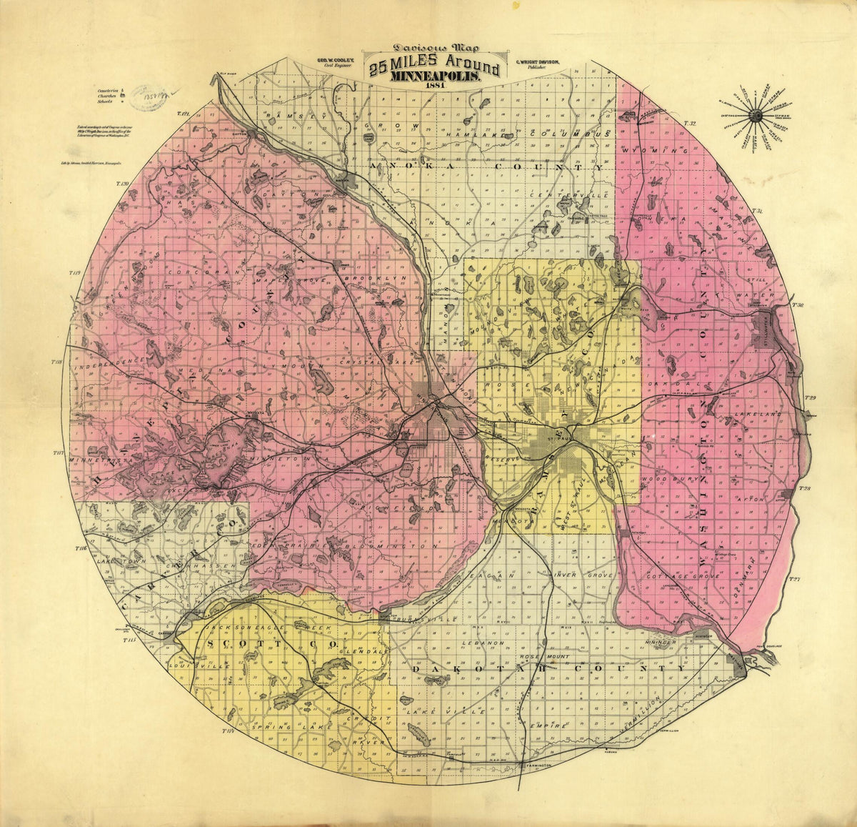 Davisons Map 25 Miles Around Minneapolis in 1881 by Relic Map Company