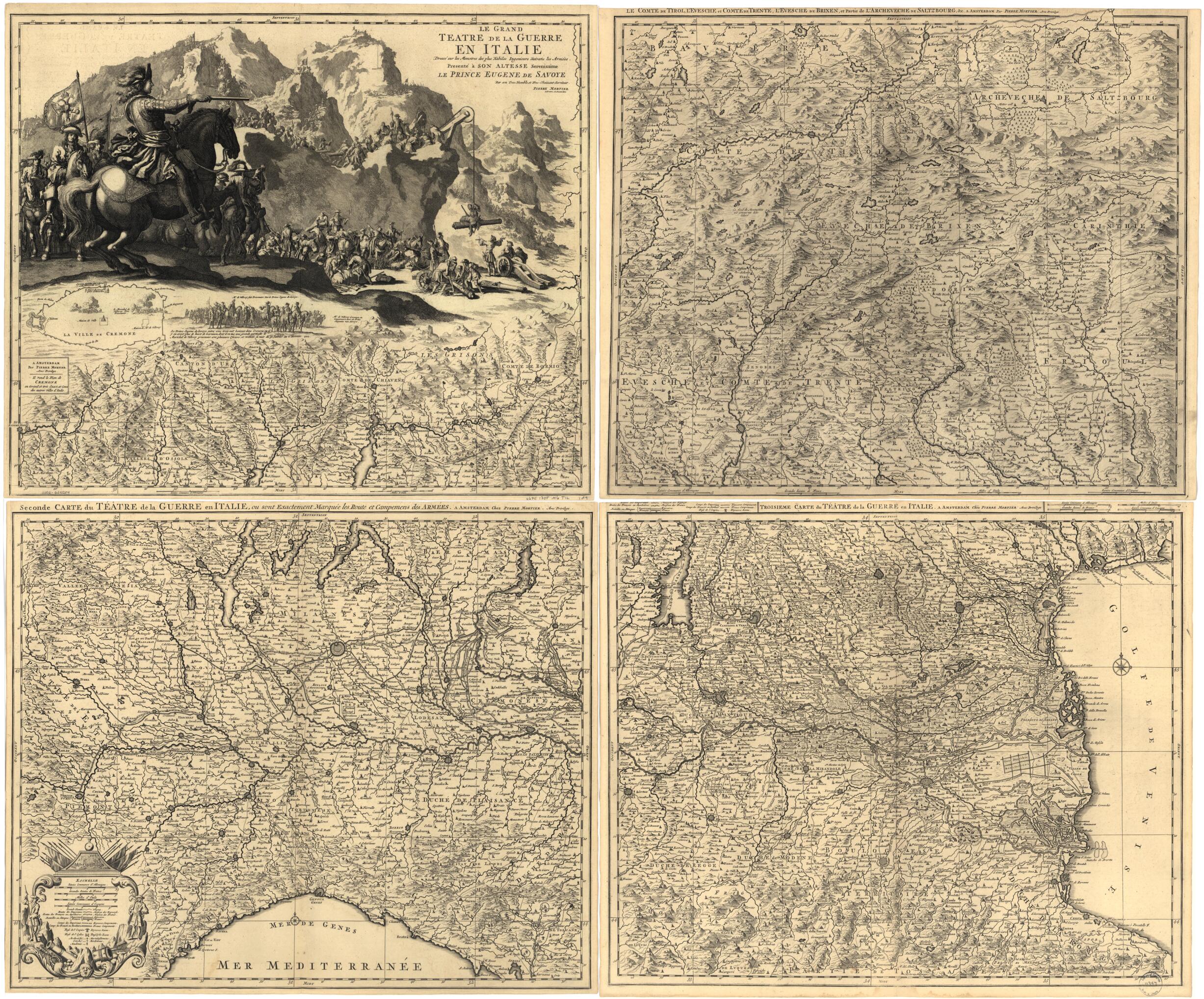 This old map of Le Grand Teatre De La Guerre En Italie from 1705 was created by of Savoy Eugene, Pierre Mortier in 1705