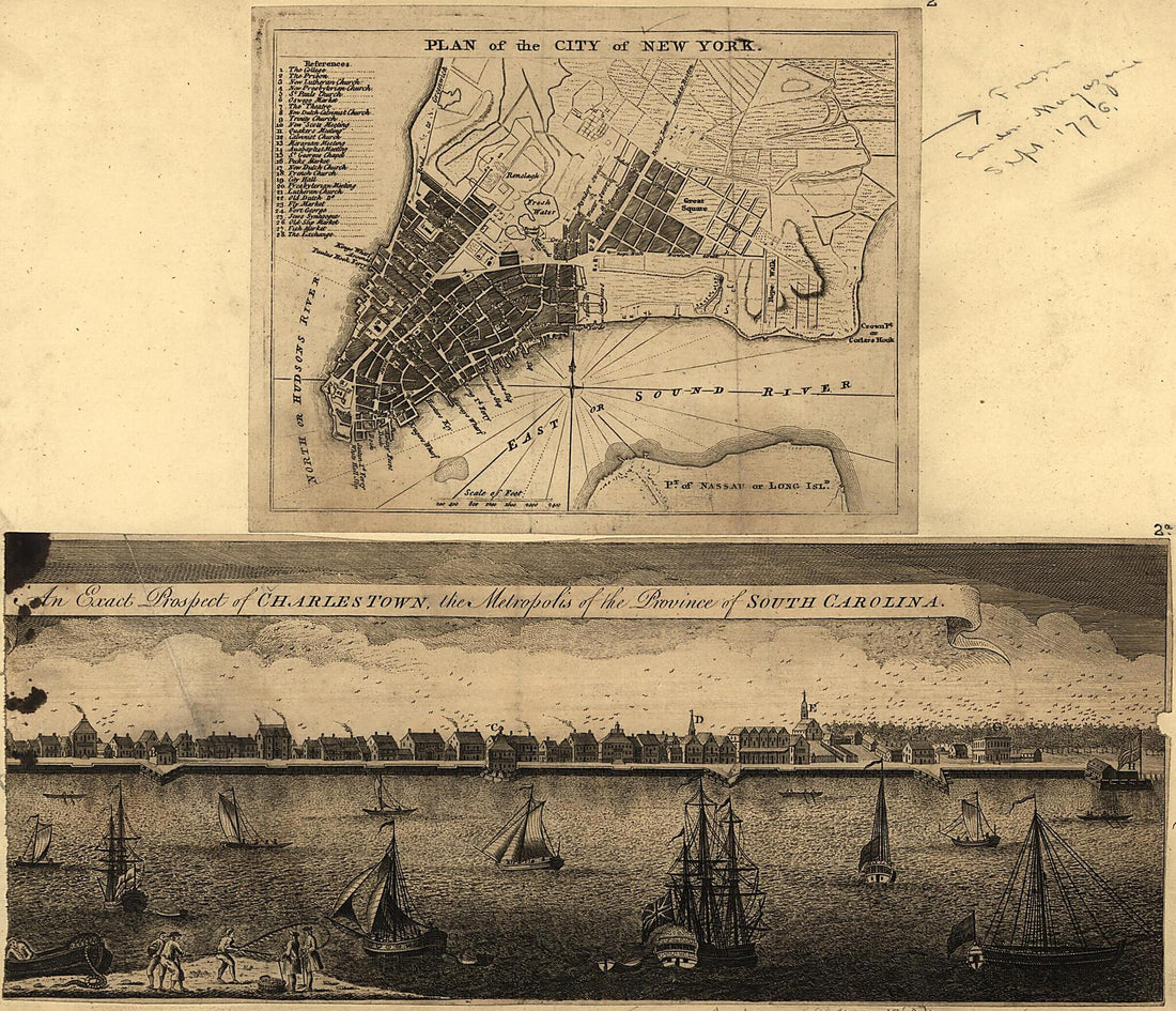 This old map of Plan of the City of New York ; an Exact Prospect of Charlestown : the Metropolis of the Province of South Carolina from 1762 was created by in 1762