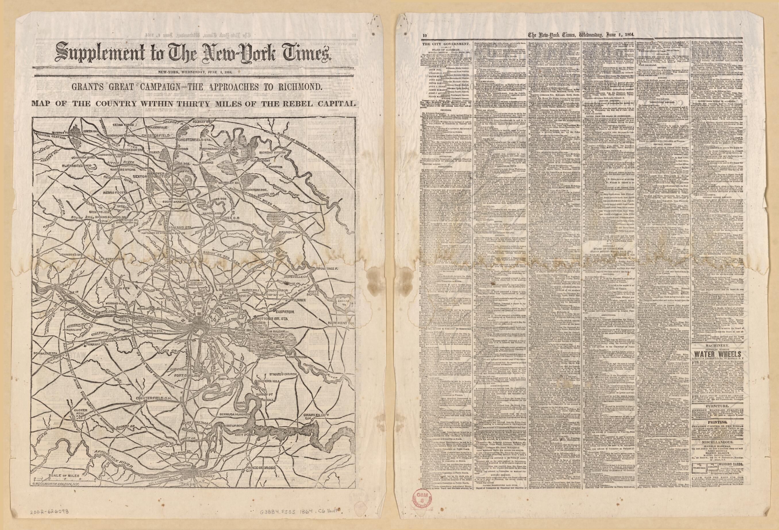 This old map of -the Approach to Richmond, Map of the Country Within Thirty Miles of the Rebel Capital / G. Woolworth Colton, New York (Map of the Country Within Thirty Miles of the Rebel Capital) from 1864 was created by G. Woolworth (George Woolworth)