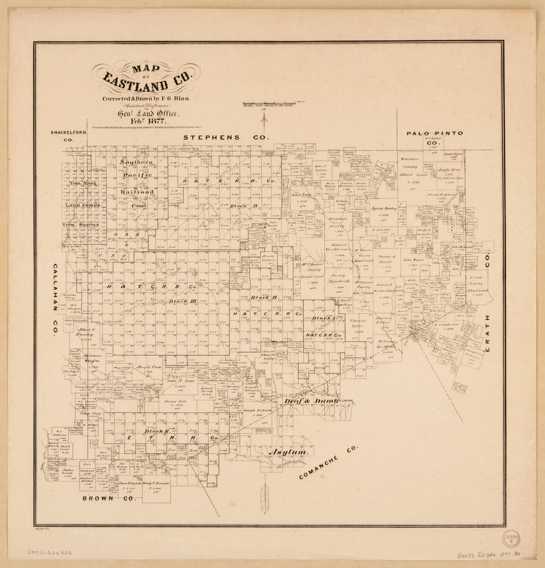 This old map of Map of Eastland Co from 1877 was created by F. G. Blau, Rand Avery Supply Co in 1877