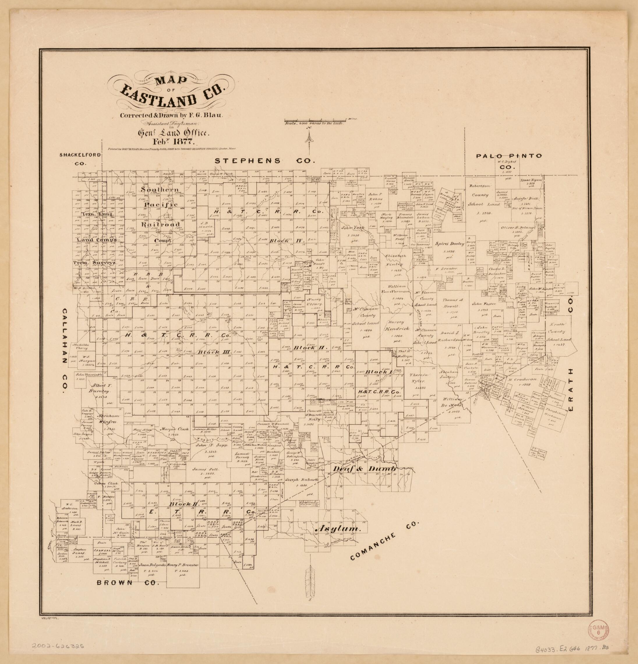 This old map of Map of Eastland Co from 1877 was created by F. G. Blau, Rand Avery Supply Co in 1877