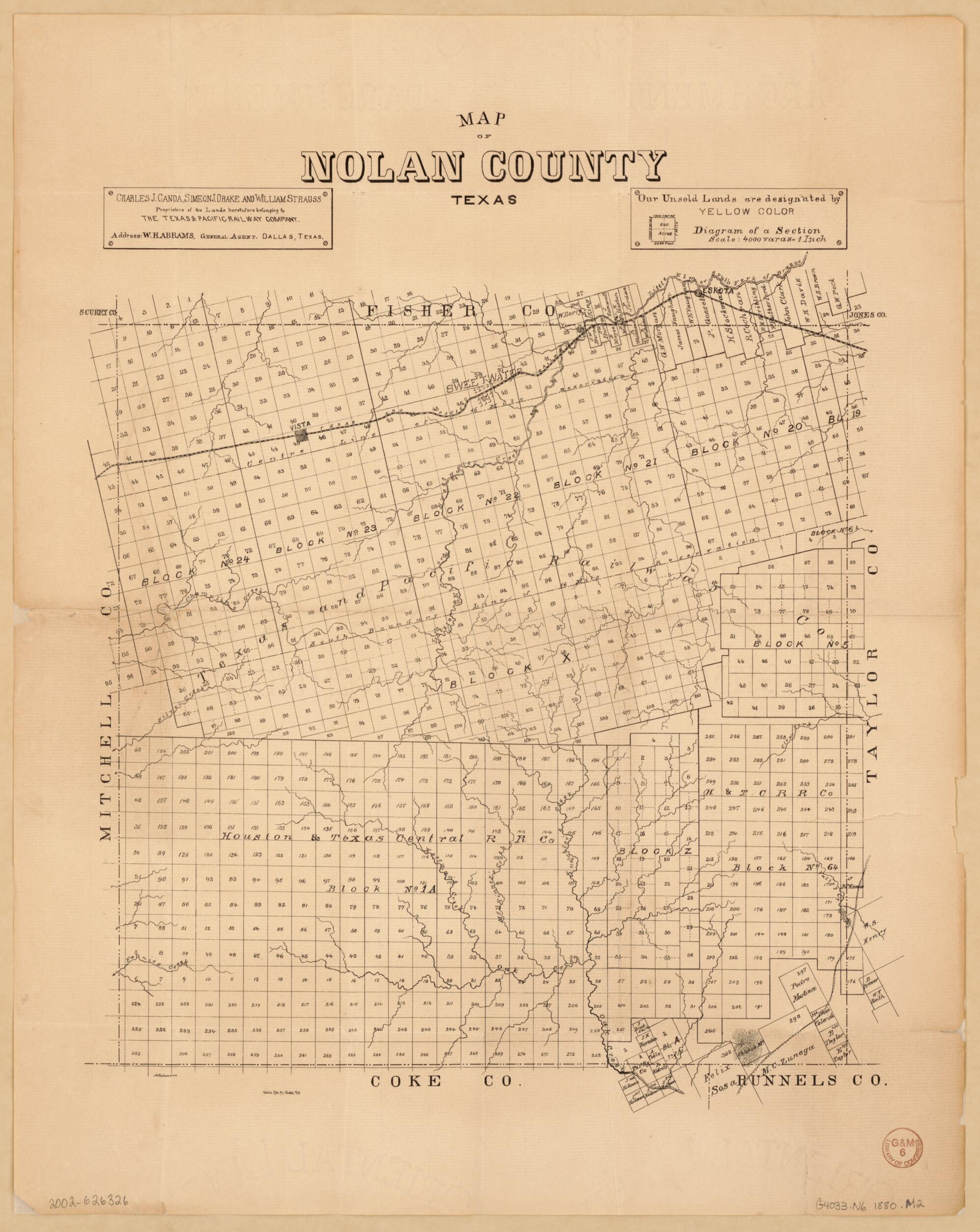 This old map of Map of Nolan County, Texas from 1880 was created by Dallas Lith. Co, Texas & Pacific Railway in 1880