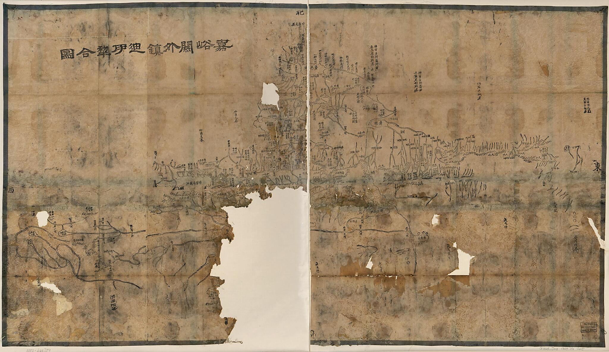This old map of Jiayuguan Wai Zhen Di, Yili He Tu (嘉峪関外鎮迪伊犁合圖 /, Combined Map of Dihuazhou and Yili Outside of Jiayuguan) from 1864 was created by Hubei Sheng (China). Guan Shu Ju in 1864