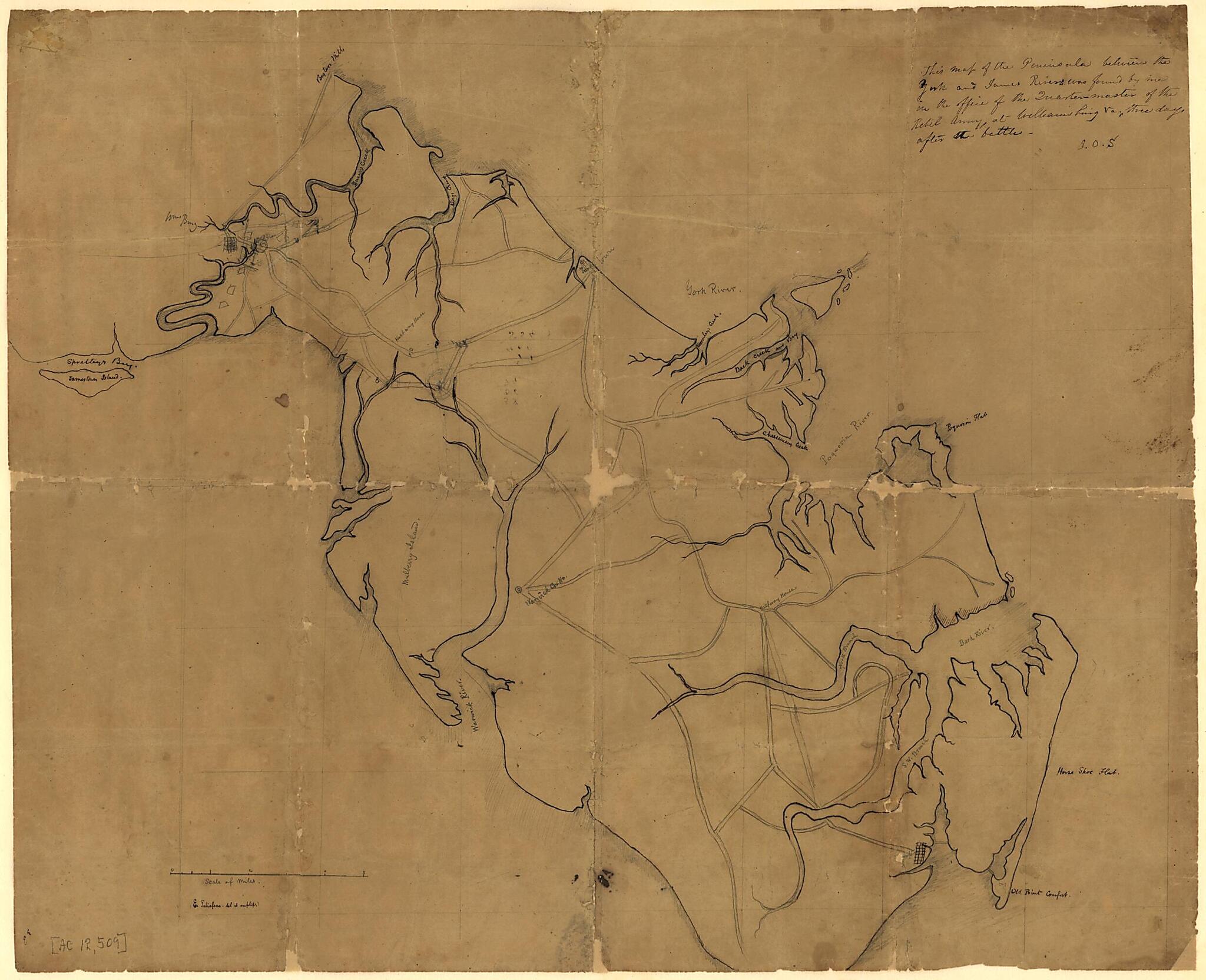 This old map of This Map of the Peninsula Between the York and James Rivers Was Found by Me In the Office of the Quartermaster of the Rebel Army at Williamsburg, Va. Three Days After the Battle : J.O.S from 1862 was created by E. Talieferro in 1862