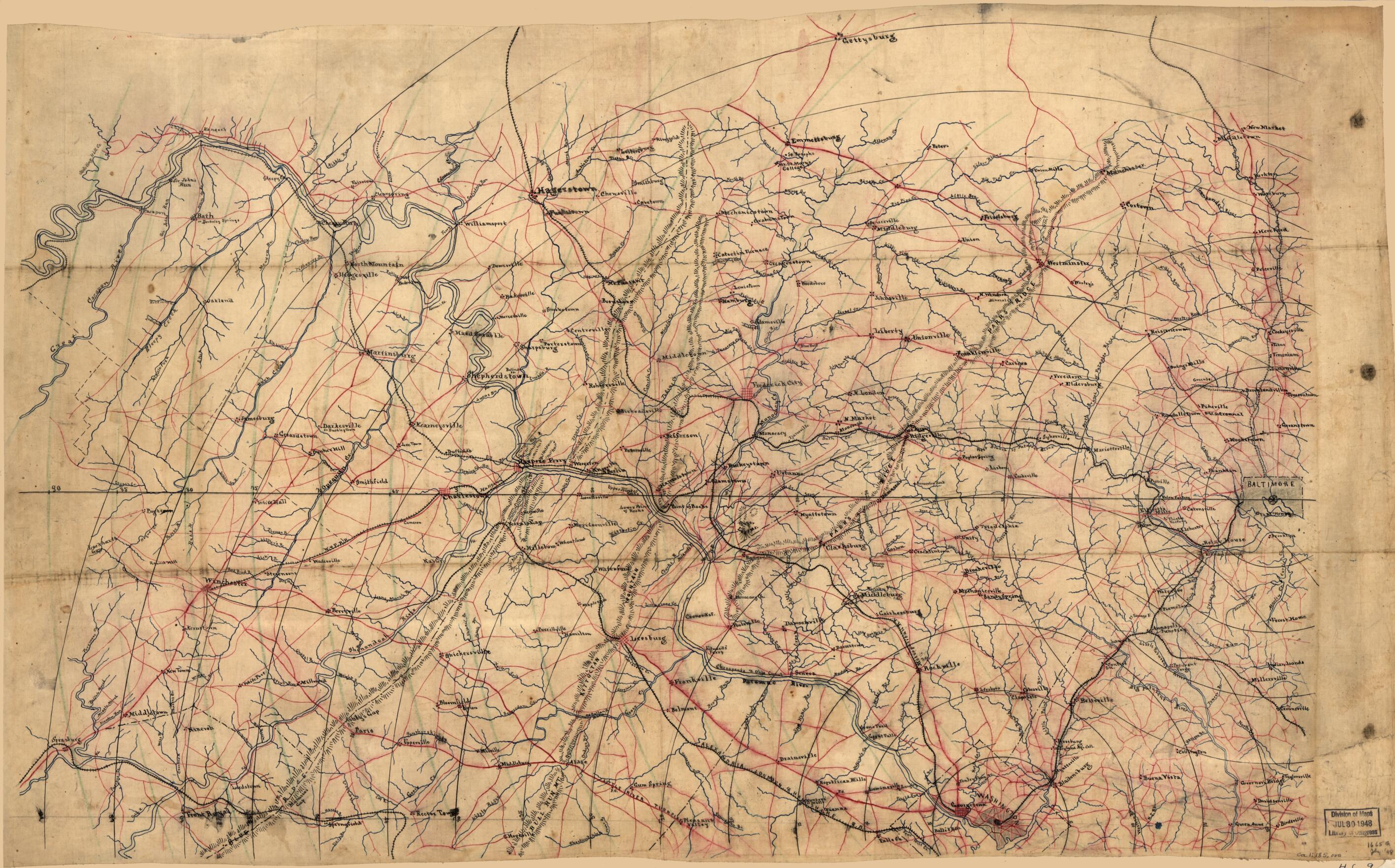 This old map of Mile Intervals Centering On Washington and On Baltimore from 1860 was created by in 1860