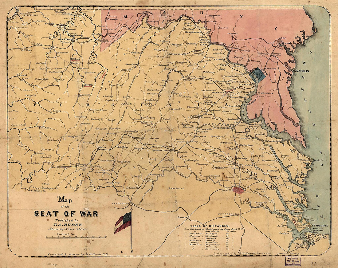 This old map of Map of the Seat of War : Virginia and Maryland from 1861 was created by T. A. (Thomas A.) Burke, M. B. Grant, R. H. Howell in 1861