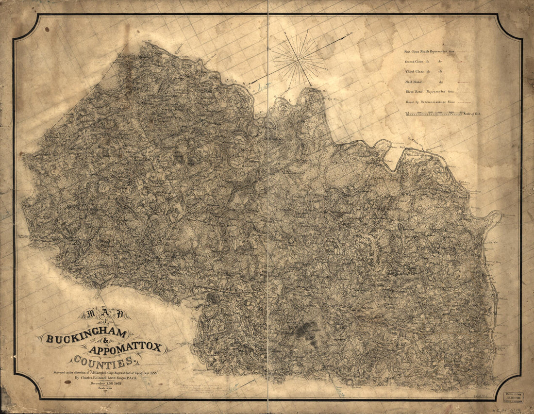 This old map of Map of Buckingham & Appomattox Counties (Map of Buckingham and Appomattox Counties) from 1863 was created by Albert H. (Albert Henry) Campbell, Charles E. Cassell in 1863
