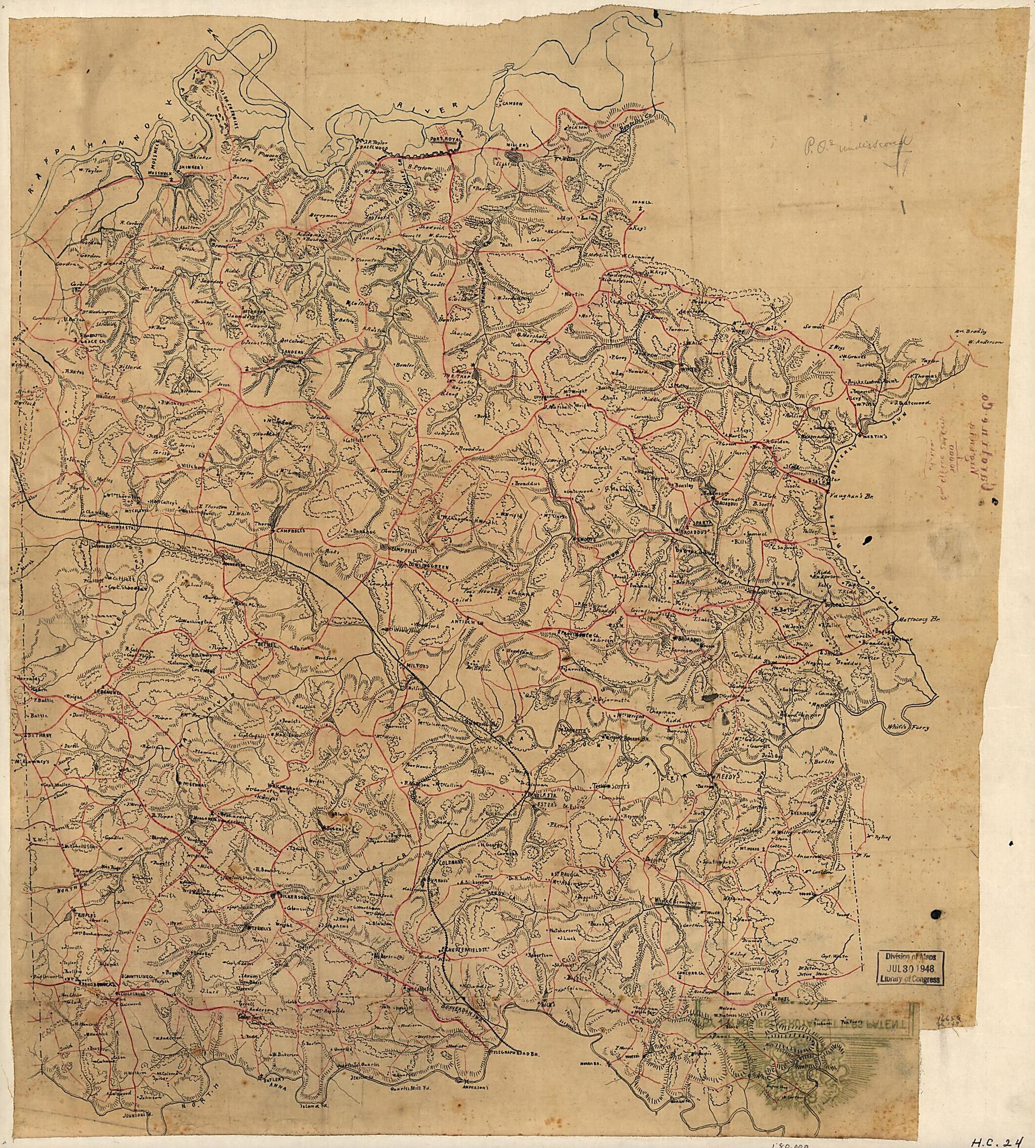 This old map of Caroline County, Virginia from 1860 was created by 2nd. Engineer Office Confederate States of America. Army of Northern Virginia. Corps in 1860