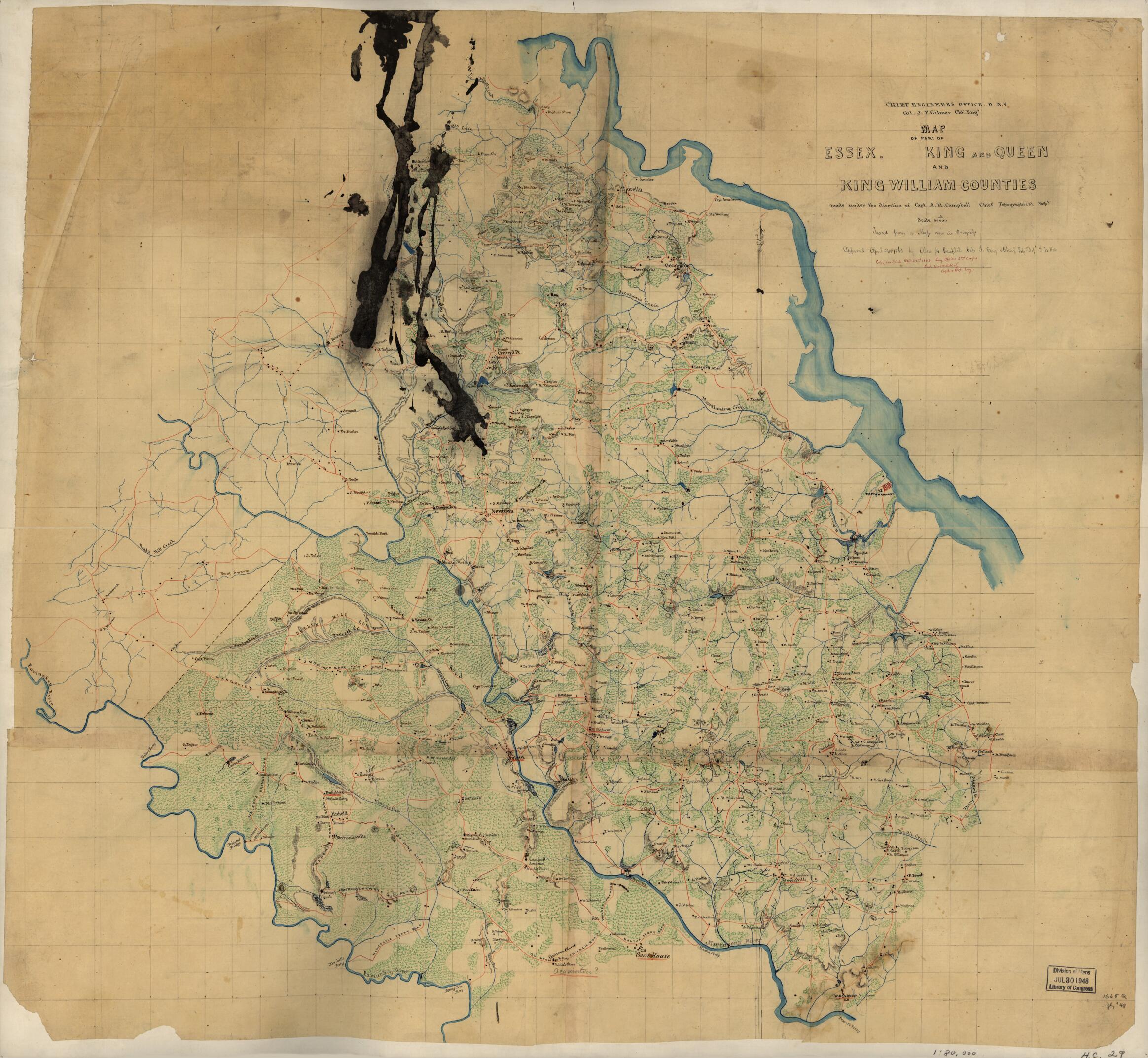 This old map of Map of Part of Essex, King and Queen, and King William Counties from 1863 was created by Albert H. (Albert Henry) Campbell, Jeremy Francis Gilmer, Jedediah Hotchkiss in 1863