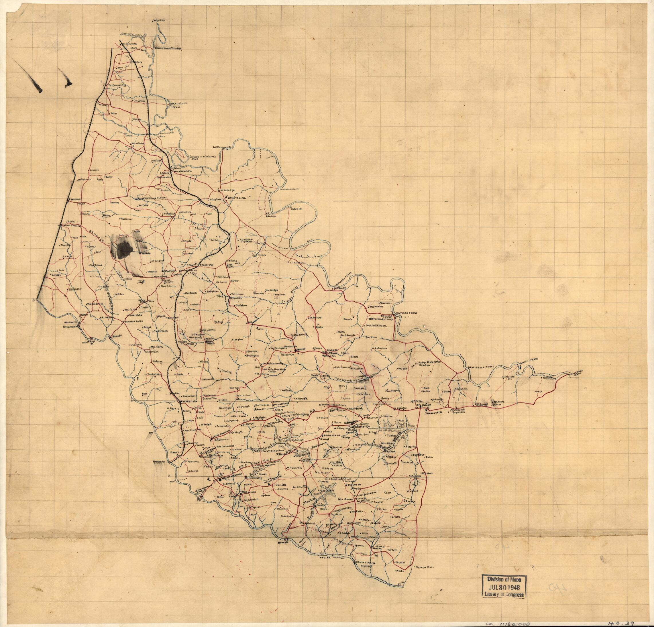This old map of Map of Hanover County, Va. from 1860 was created by in 1860