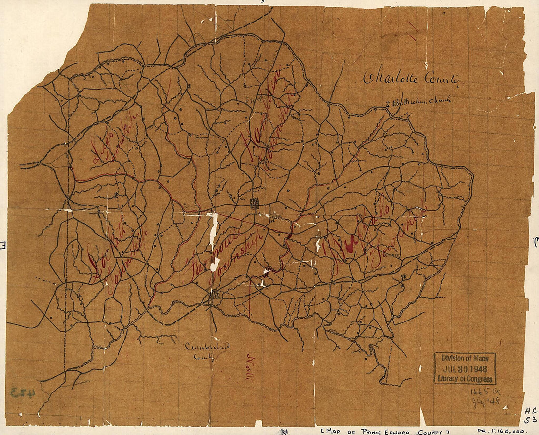 This old map of Map of Prince Edward County, Va. from 1860 was created by in 1860