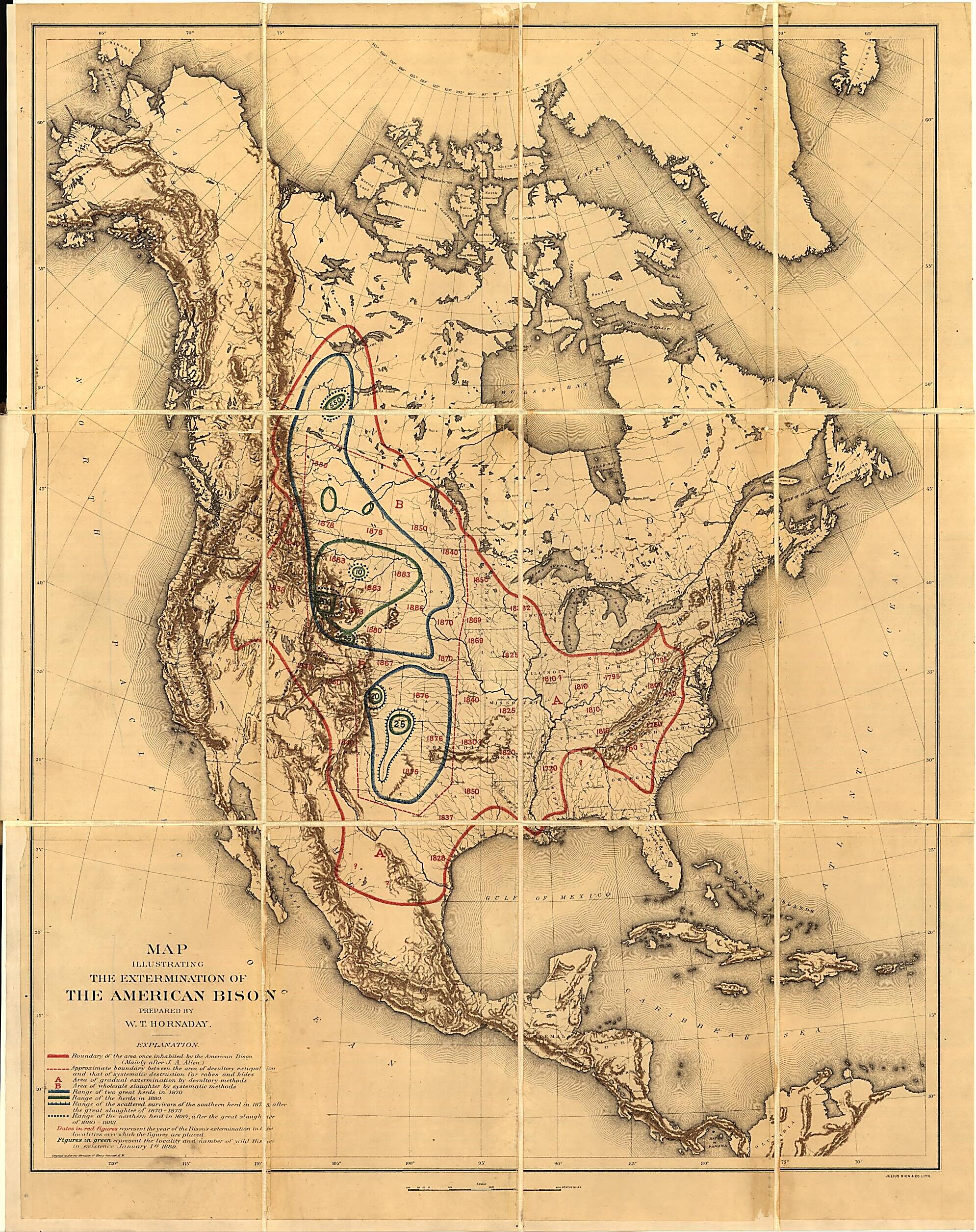 This old map of Map Illustrating the Extermination of the American Bison from 1889 was created by William T. (William Temple) Hornaday in 1889