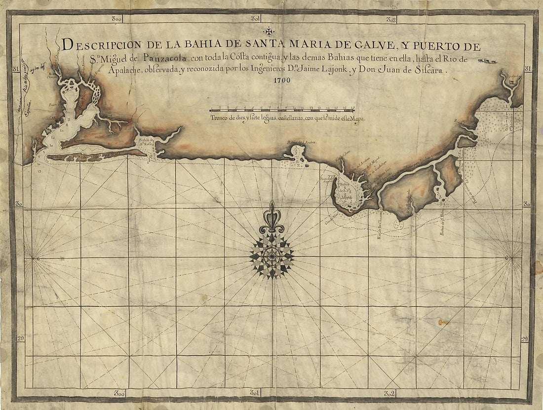 This old map of Descripcion De La Bahia De Santa Maria De Galve, Y Puerto De Sn. Miguel De Panzacola Con Toda La Costa Contigua Y Las Demas Bahias Que Tiene En Ella, Hasta El Rio De Apalache from 1700 was created by Jaime Lajonk, Juan De Siscara in 1700