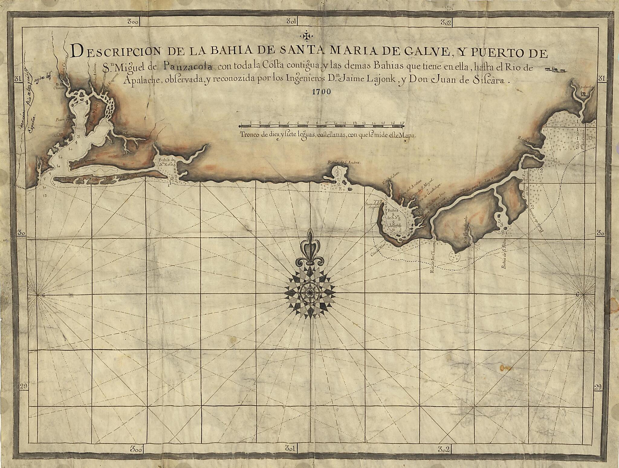 This old map of Descripcion De La Bahia De Santa Maria De Galve, Y Puerto De Sn. Miguel De Panzacola Con Toda La Costa Contigua Y Las Demas Bahias Que Tiene En Ella, Hasta El Rio De Apalache from 1700 was created by Jaime Lajonk, Juan De Siscara in 1700