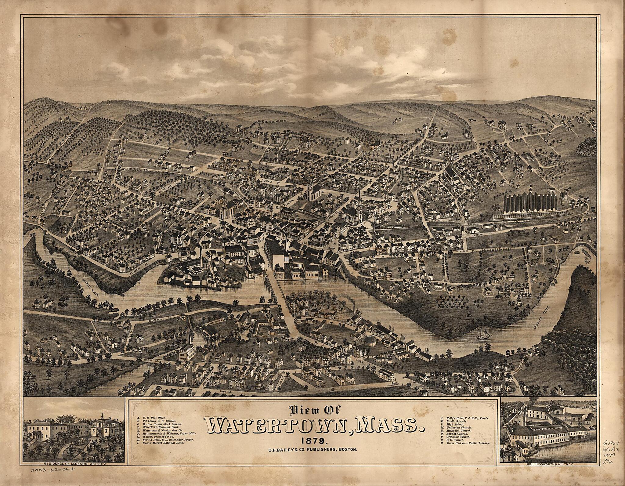 This old map of View of Watertown, Massachusetts, from 1879 was created by O.H. Bailey & Co in 1879