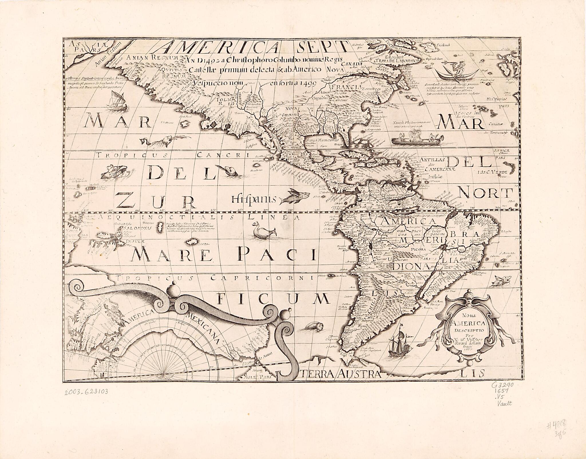 This old map of Nova America Descriptio from 1657 was created by Gérard Jollain, Nicolaes Visscher in 1657