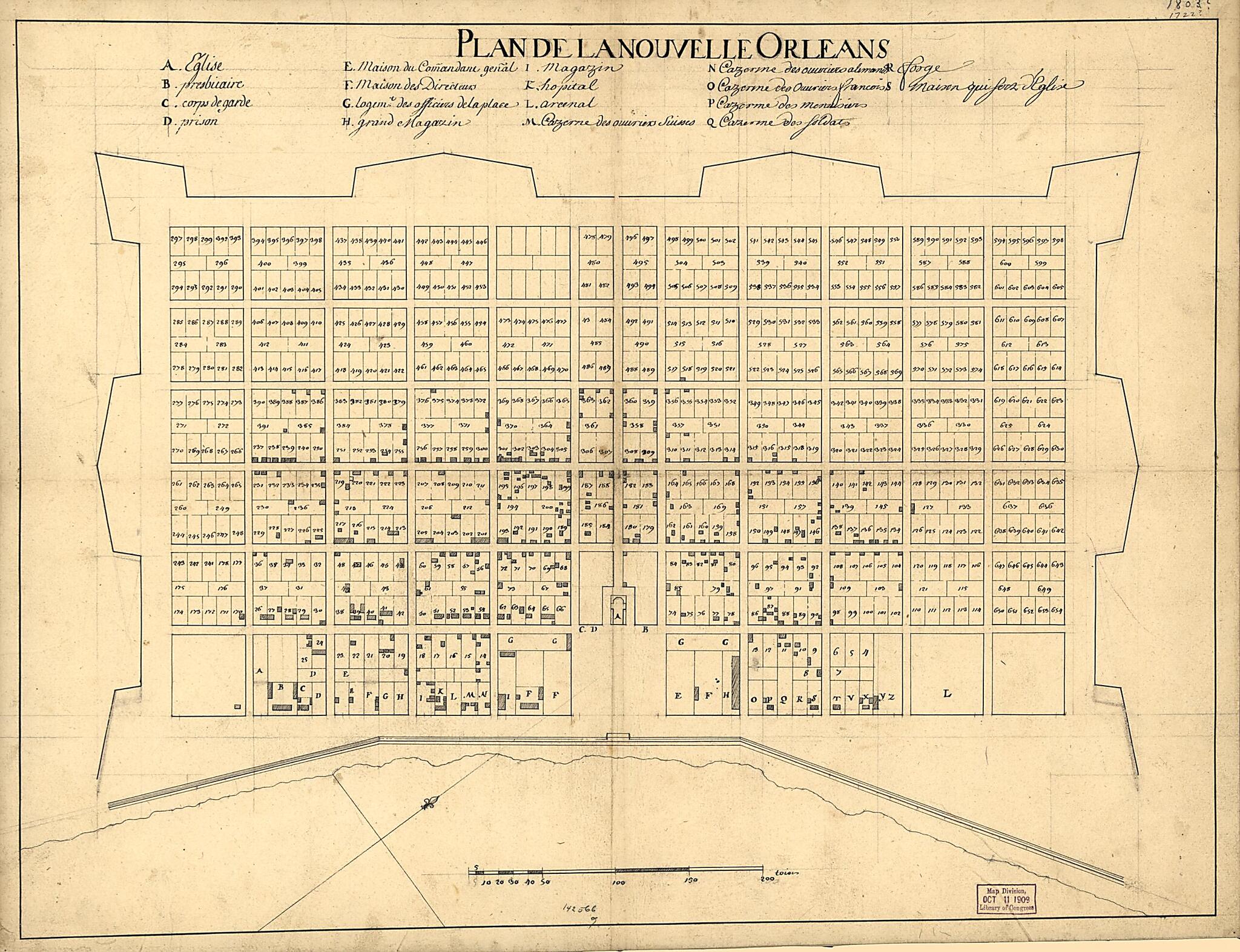 This old map of Plan De La Nouvelle Orleans from 1722 was created by in 1722