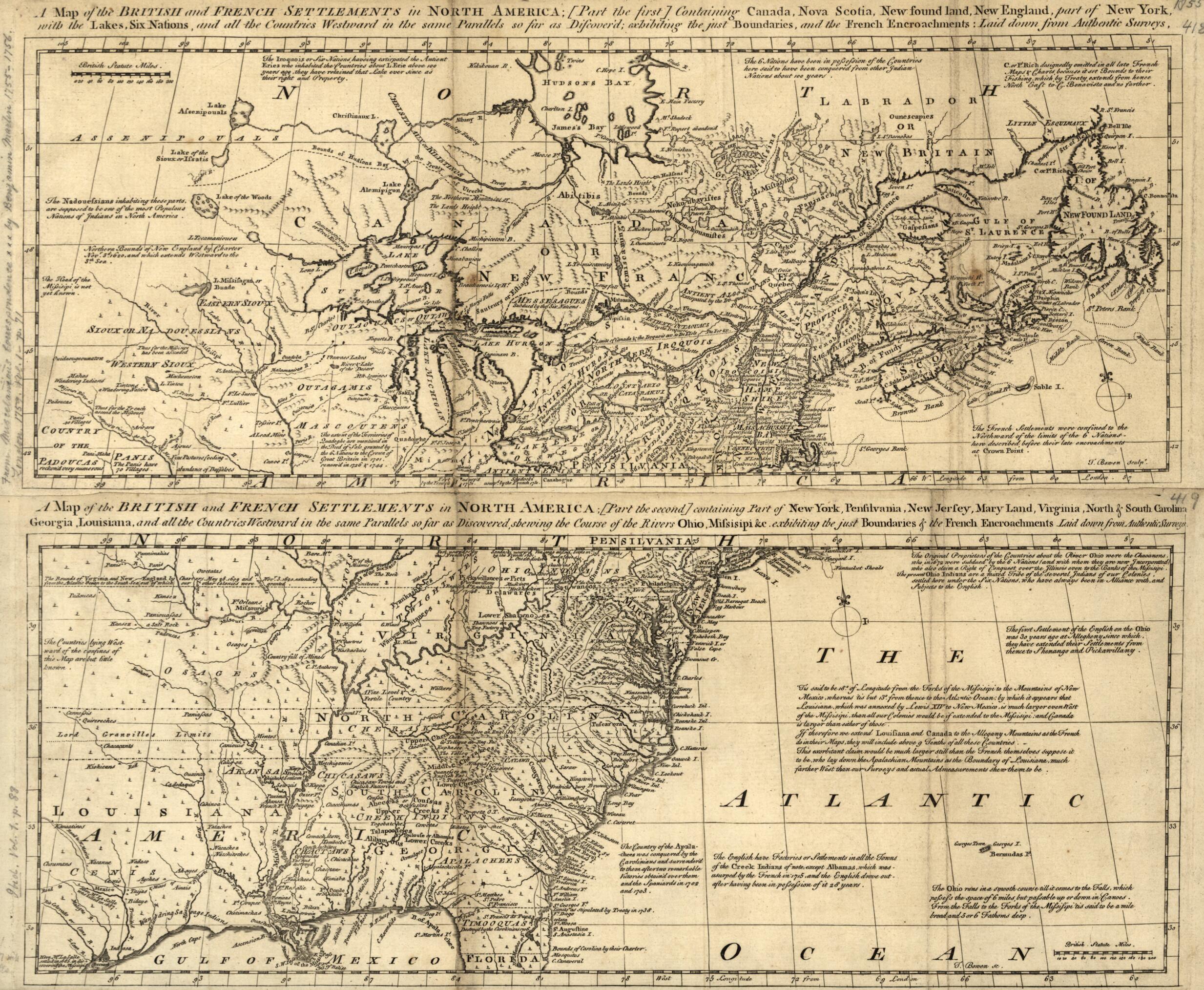 This old map of A Map of the British and French Settlements In North America from 1755 was created by Thomas Bowen in 1755
