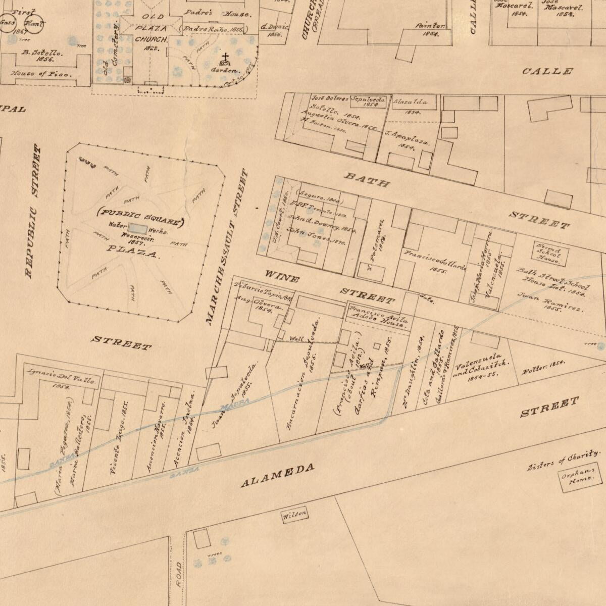 This old map of Map of the Old Portion of the City Surrounding the Plaza, Showing the Old Plaza Church, Public Square, the First Gas Plant and Adode Buildings, Los Angeles City, March 12th, from 1873 was created by A. G. Ruxton in 1873