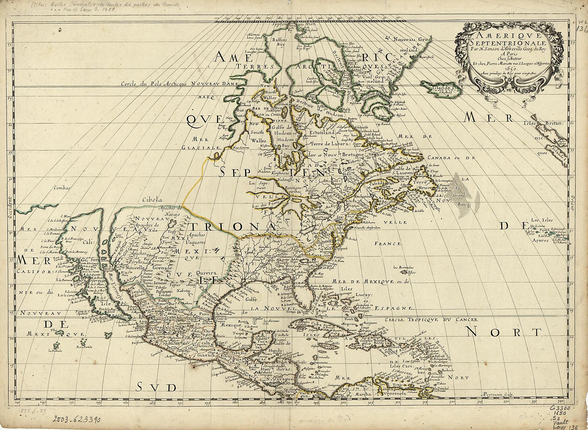This old map of Amérique Septentrionale from 1650 was created by Jean, A. Peyrounin, Nicolas Sanson in 1650