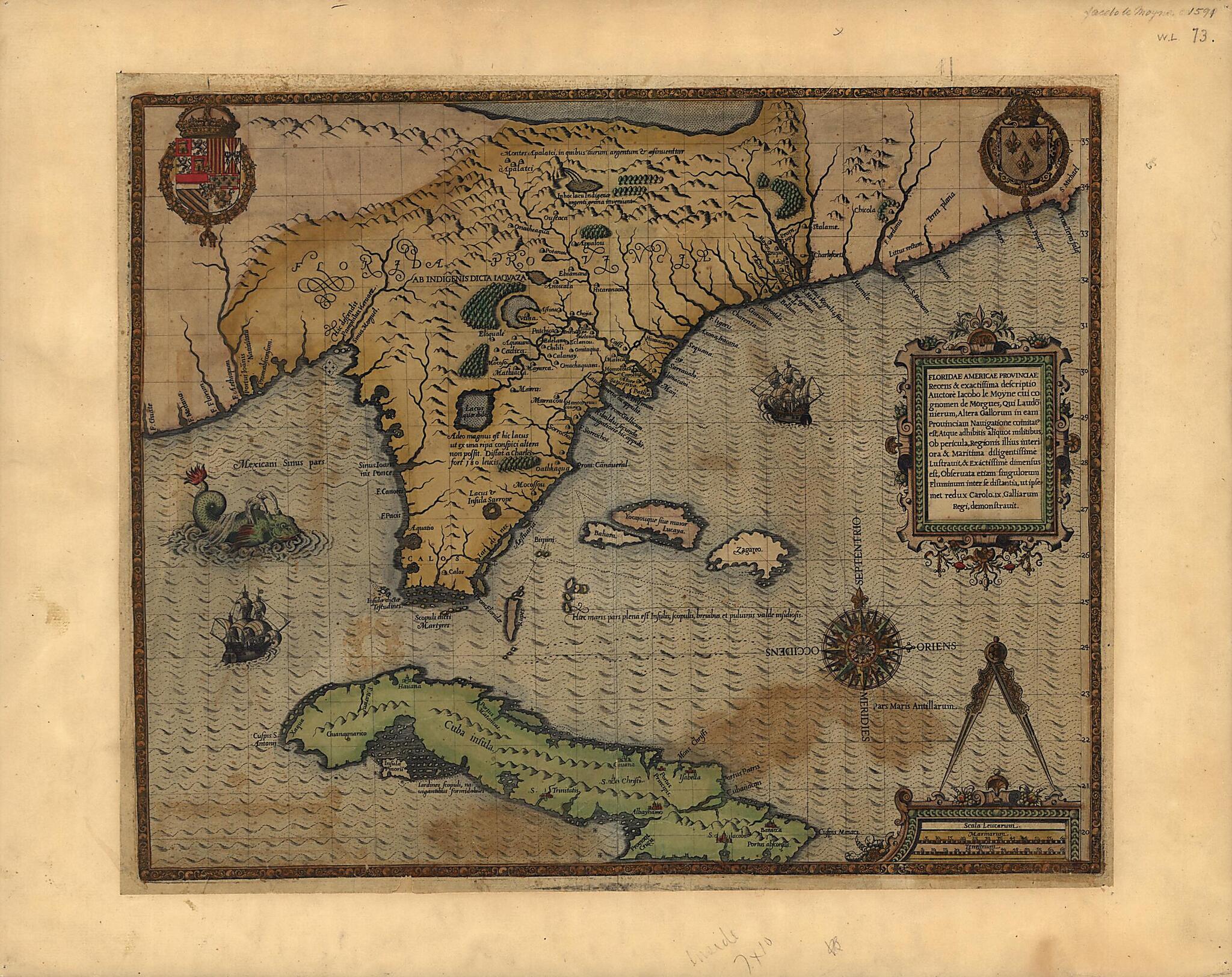 This old map of Floridae Americae Provinciae Recens & Exactissima Descriptio Auctorè Iacobo Le Moyne Cui Cognomen De Morgues, Qui Laudōnierum, Altera Gallorum In Eam Prouinciam Nauigatione Comitat Est, Atque Adhibitis Aliquot Militibus Ob Pericula, Reg