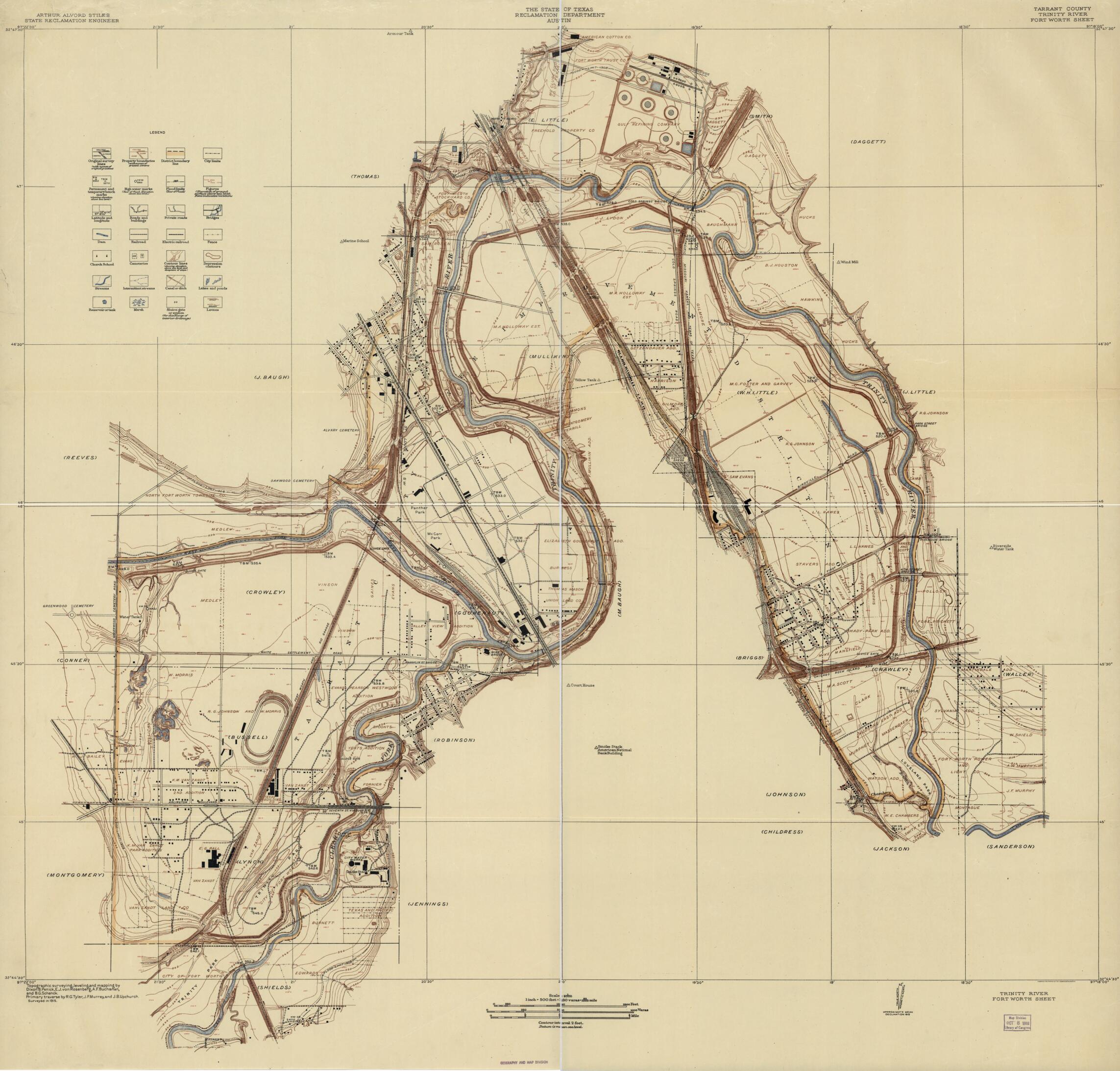 This old map of Tarrant County, Trinity River, Fort Worth Sheet (Trinity River, Fort Worth Sheet) from 1915 was created by Geological Survey (U.S.), Dixon B. Penick, Arthur Alvord Stiles, Texas. Reclamation Department in 1915