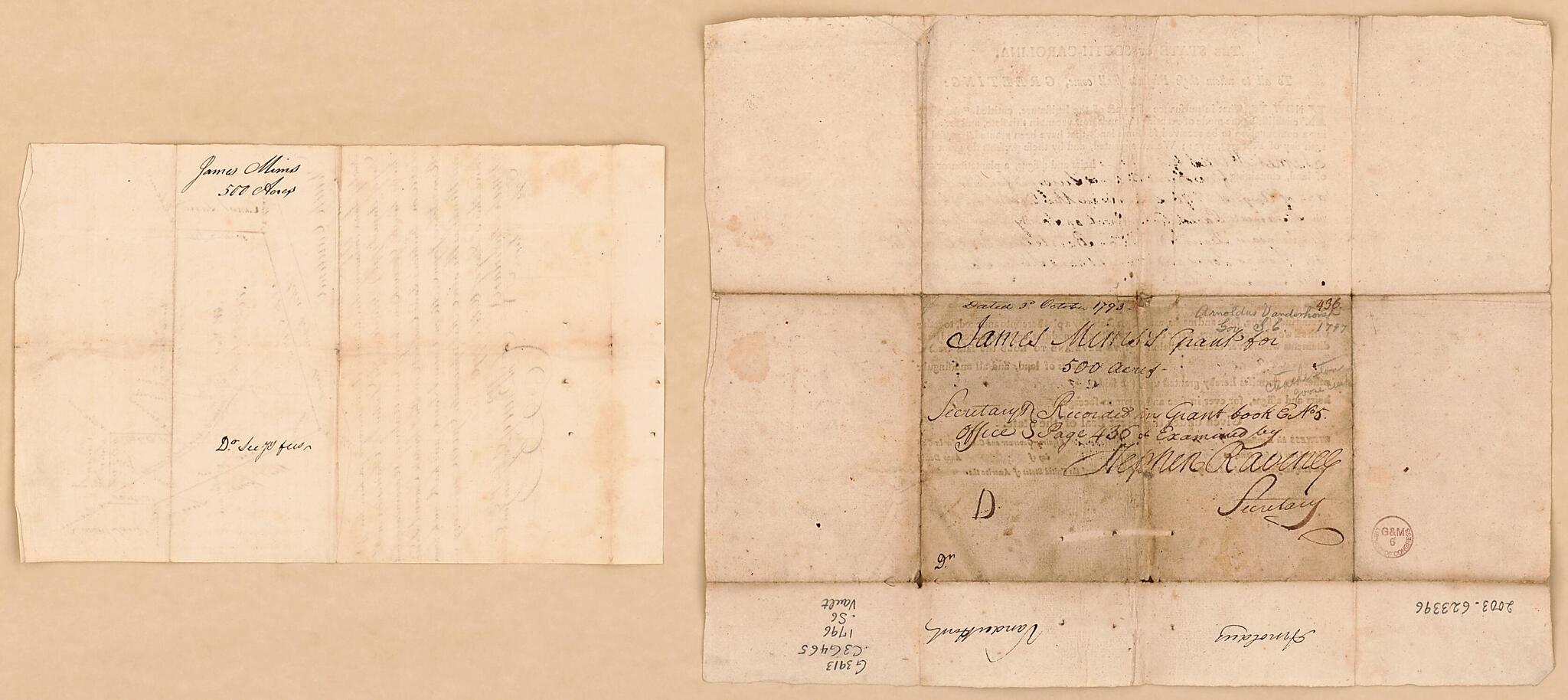 This old map of Plat of Land Grant Survey In South Carolina, Accompanied by Deed of Grant from 1796 was created by South Carolina in 1796