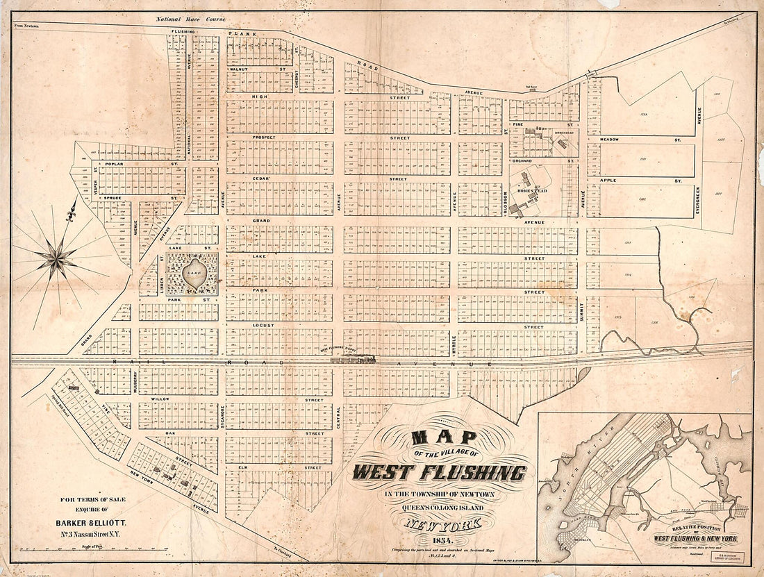 This old map of Map of the Village of West Flushing In the Township of Newtown, Queens County Long Island, New York : Comprising the Parts Laid Out and Described On Sectional Maps No. 1, 2, 3, and 4 from 1854 was created by Barker & Elliott, Black & Stu