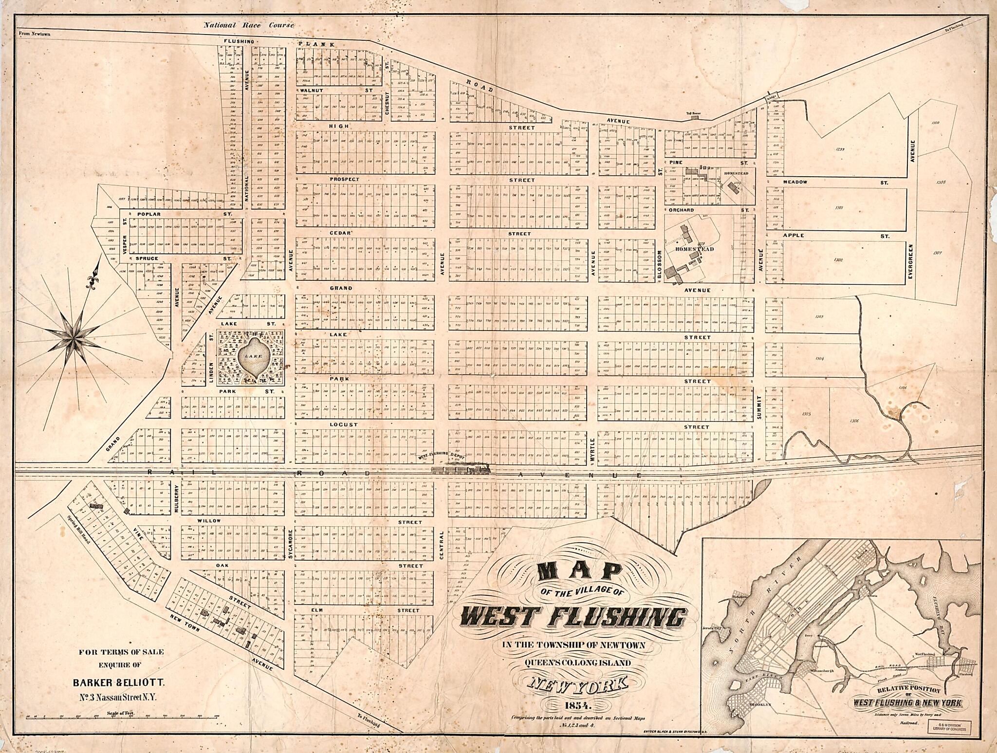 This old map of Map of the Village of West Flushing In the Township of Newtown, Queens County Long Island, New York : Comprising the Parts Laid Out and Described On Sectional Maps No. 1, 2, 3, and 4 from 1854 was created by Barker & Elliott, Black & Stu