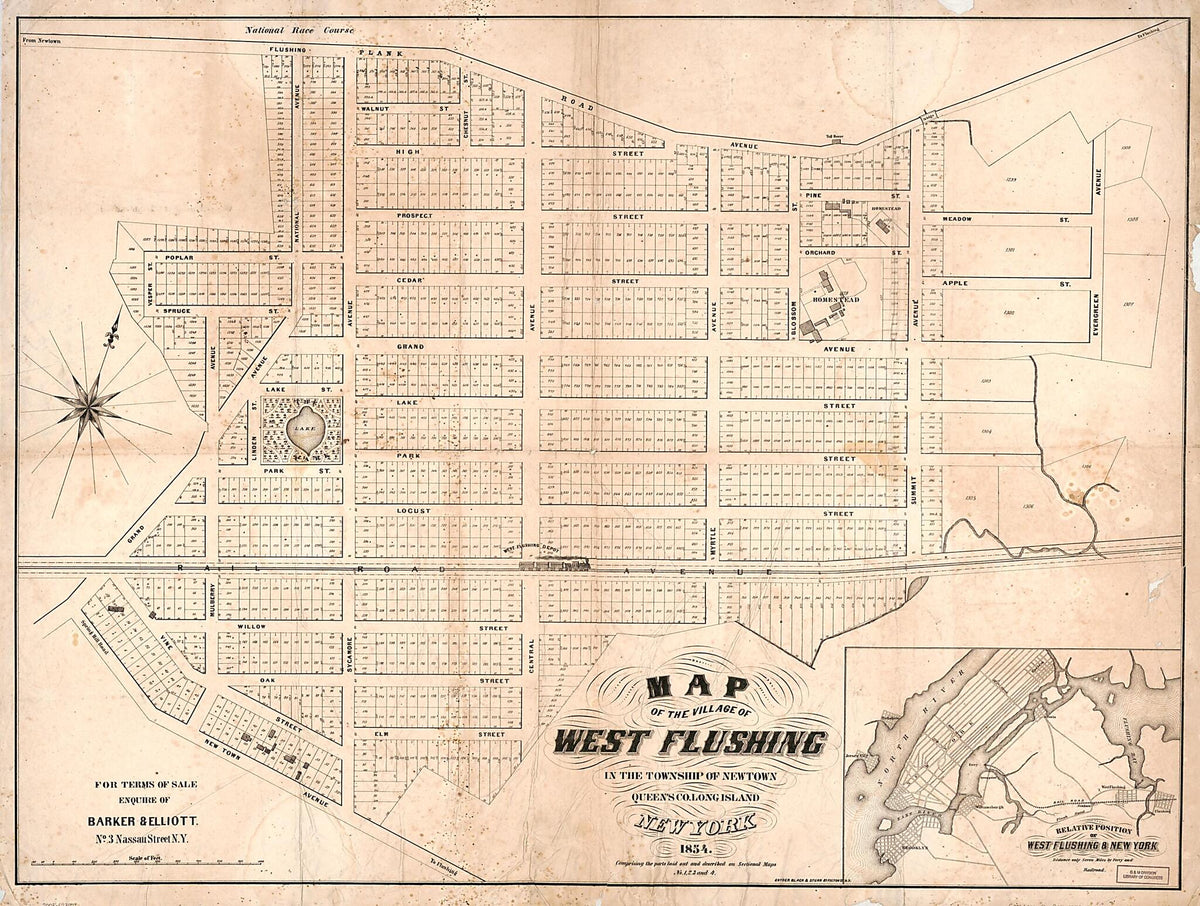 Map of the Village of West Flushing In the Township of Newtown, Queens County Long Island, New York : Comprising the Parts Laid Out and Described On Sectional Maps No. 1, 2, 3, and 4 1854 by Relic Map Company