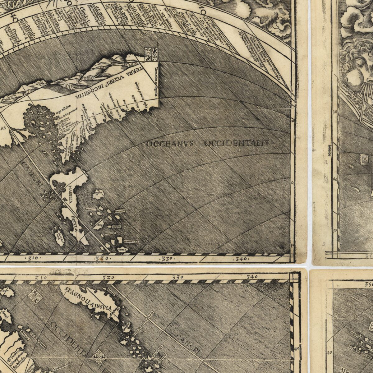 This old map of Universalis Cosmographia Secundum Ptholomaei Traditionem Et Americi Vespucii Aliorumque Lustrationes. (Universalis Cosmographia Secundum Ptholomaei Traditionem Et Americi Vespucii Aliorū Que Lustrationes) from 1507 was created by Martin