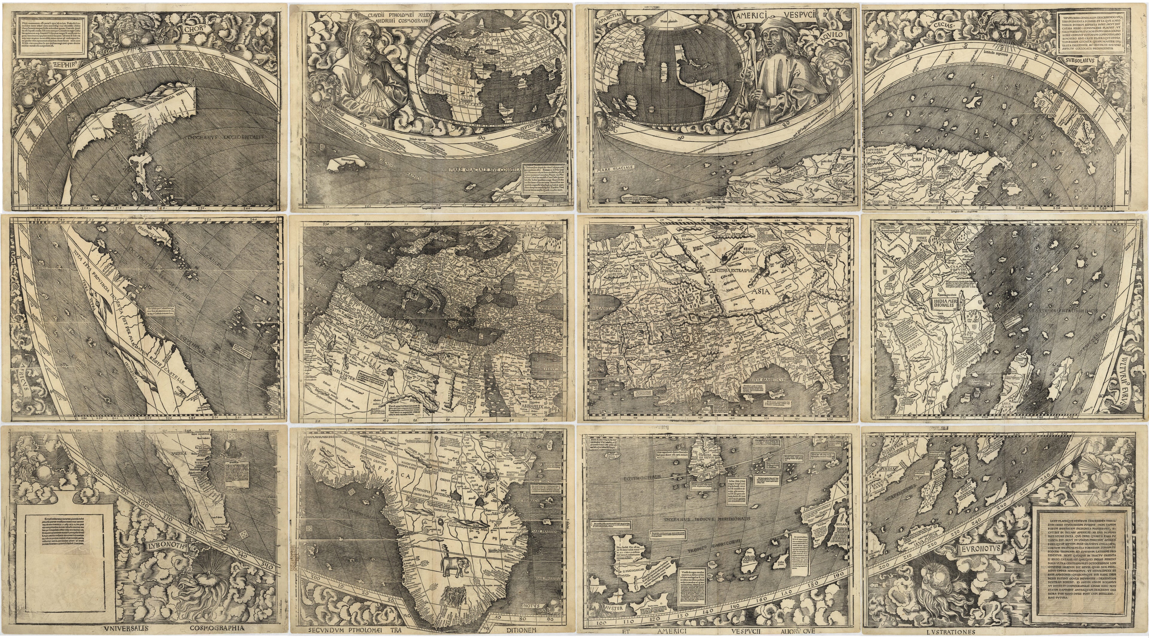 This old map of Universalis Cosmographia Secundum Ptholomaei Traditionem Et Americi Vespucii Aliorumque Lustrationes. (Universalis Cosmographia Secundum Ptholomaei Traditionem Et Americi Vespucii Aliorū Que Lustrationes) from 1507 was created by Martin
