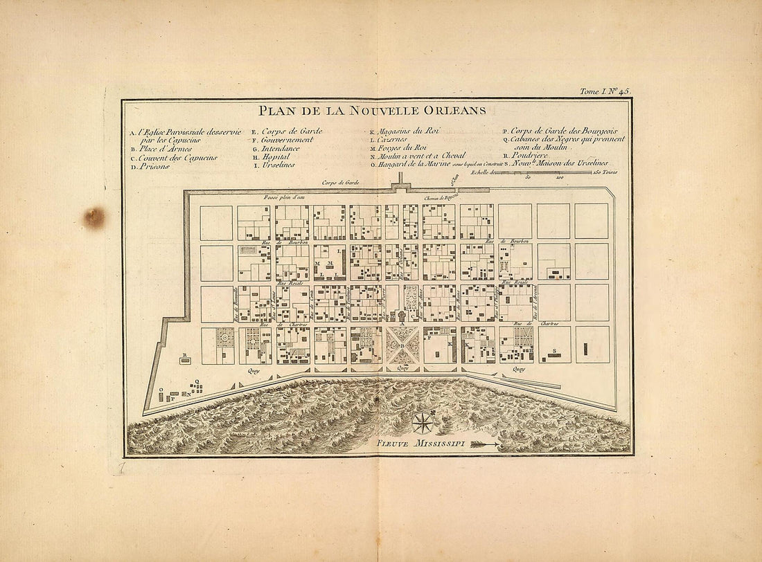 This old map of Plan De La Nouvelle Orleans from 1764 was created by Jacques Nicolas Bellin in 1764