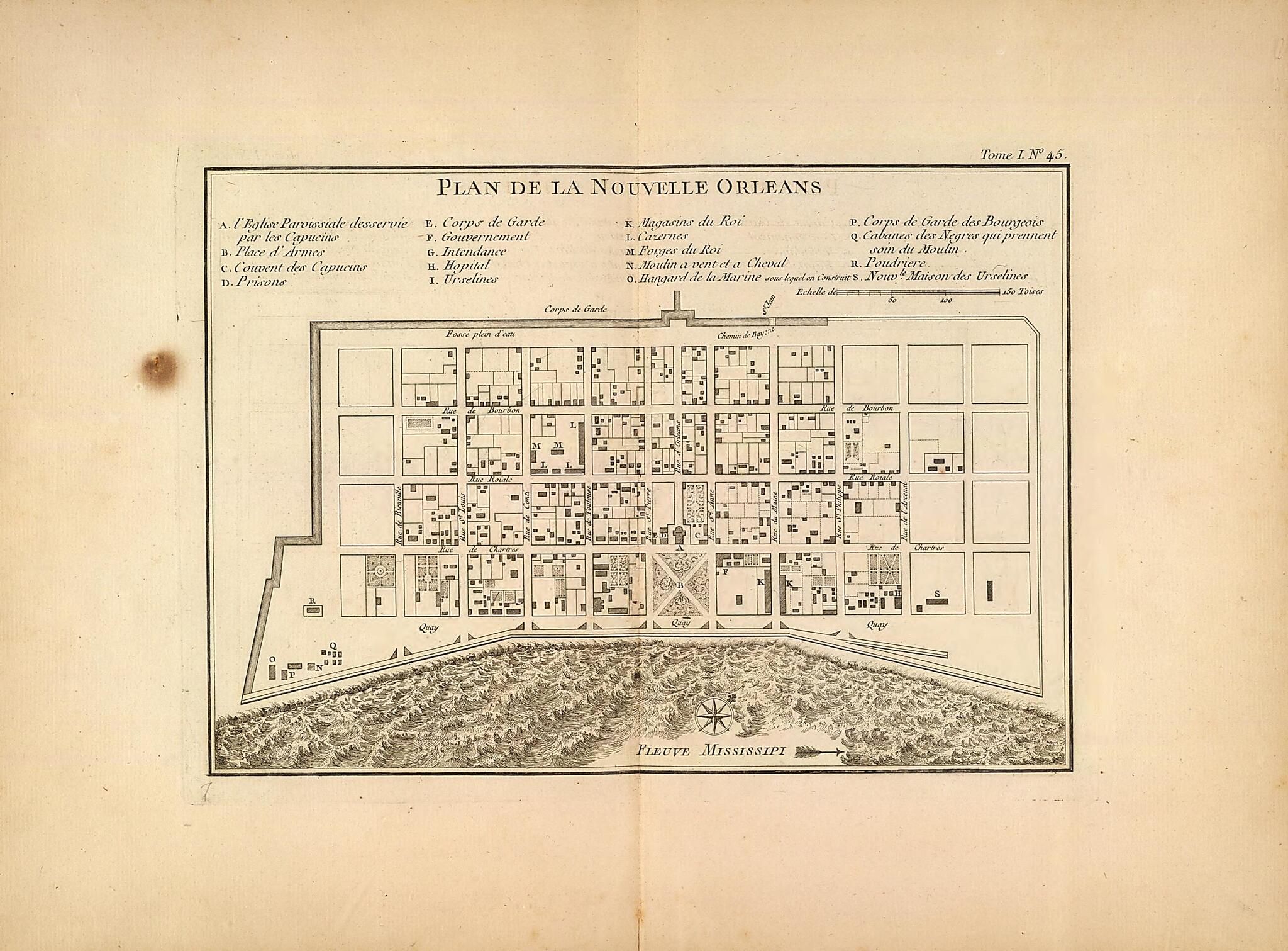 This old map of Plan De La Nouvelle Orleans from 1764 was created by Jacques Nicolas Bellin in 1764
