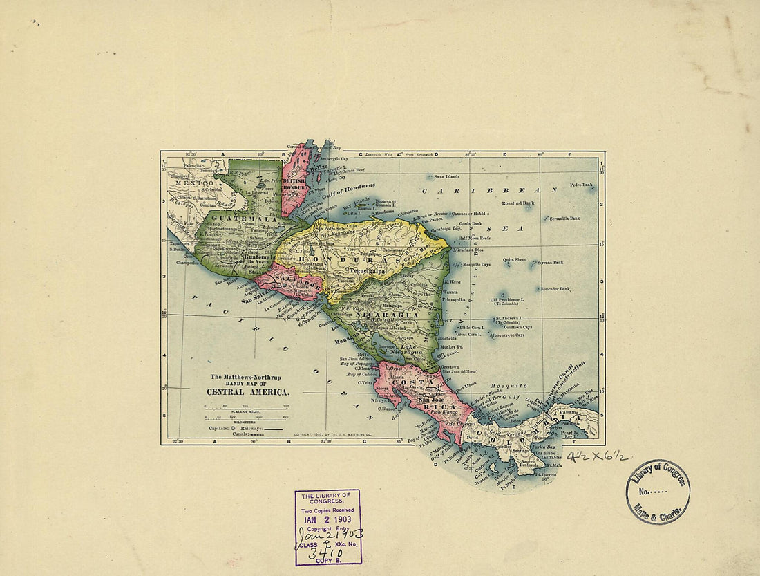 This old map of Northrup Handy Map of Central America from 1902 was created by J.N. Matthews Co in 1902