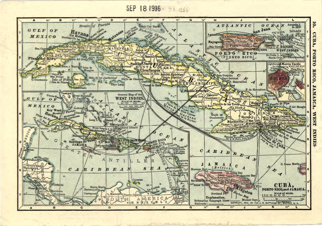 This old map of Central America. Cuba, Porto Rico, and Jamaica from 1916 was created by J.N. Matthews Co in 1916
