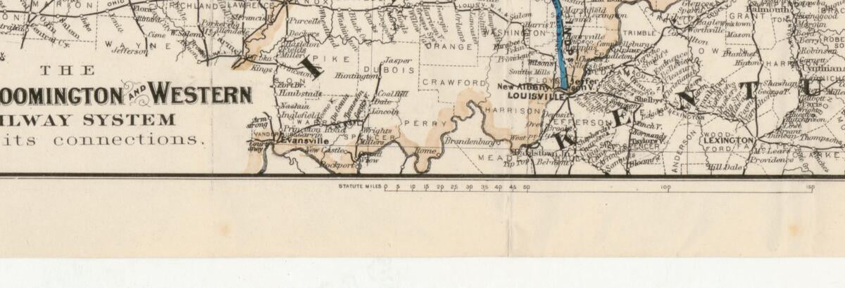 This old map of The Indiana, Bloomington and Western Railway System from 1882 was created by  G.W. & C.B. Colton & Co, Bloomington Indiana in 1882