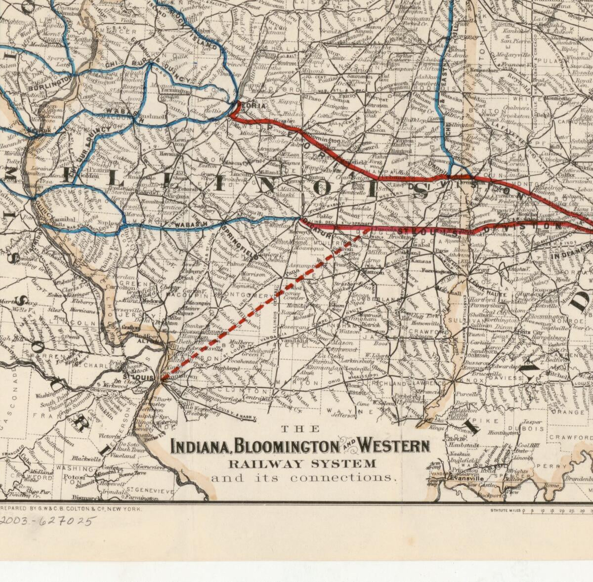 This old map of The Indiana, Bloomington and Western Railway System from 1882 was created by  G.W. & C.B. Colton & Co, Bloomington Indiana in 1882