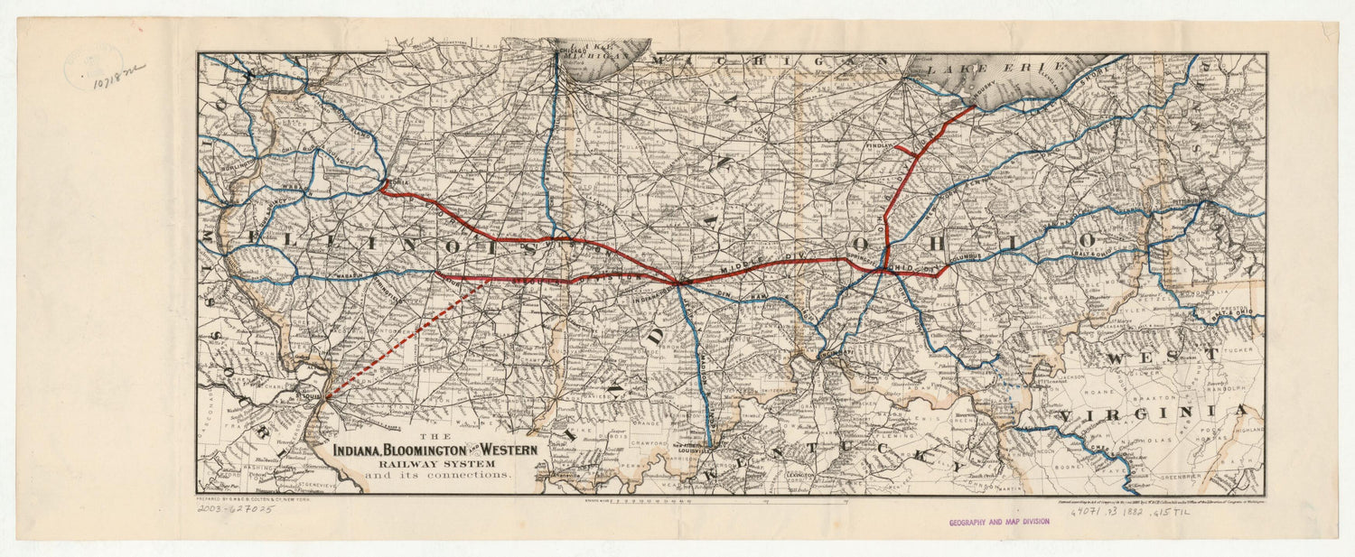 This old map of The Indiana, Bloomington and Western Railway System from 1882 was created by  G.W. & C.B. Colton & Co, Bloomington Indiana in 1882