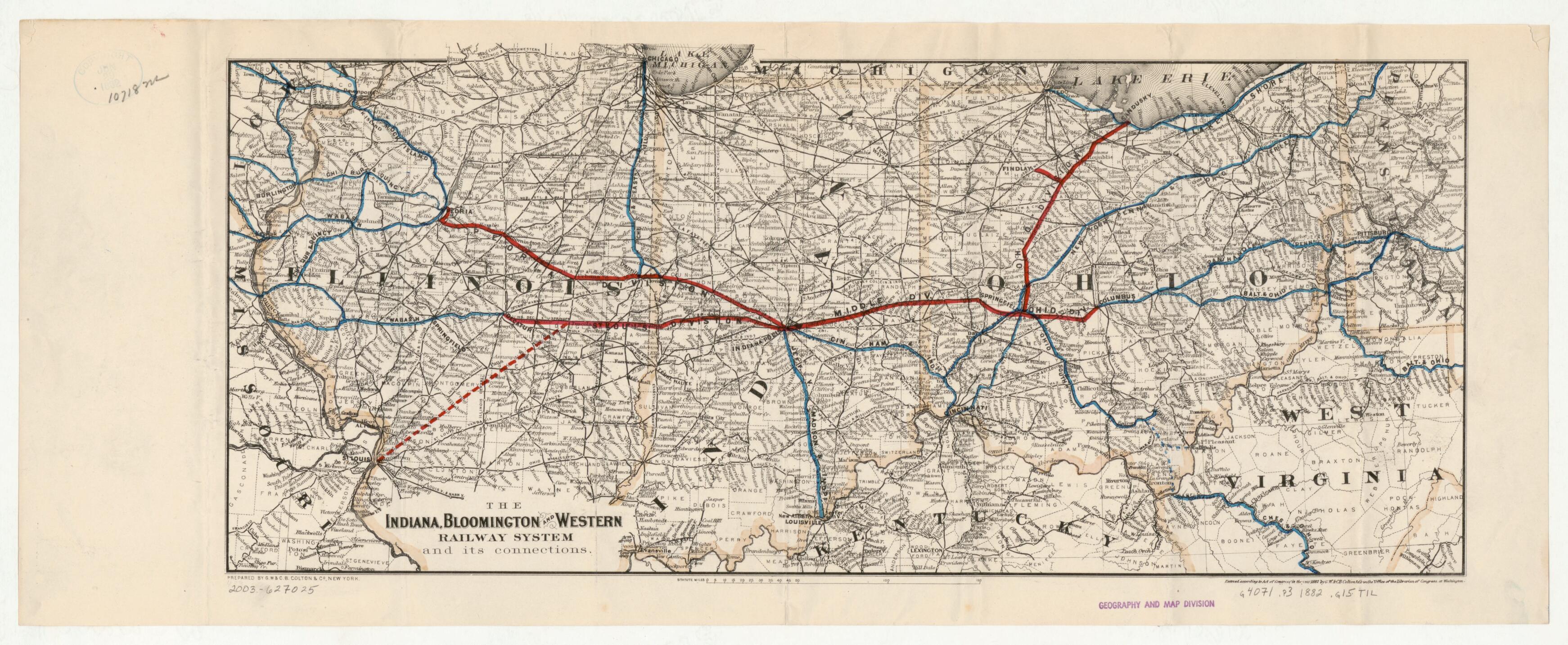 This old map of The Indiana, Bloomington and Western Railway System from 1882 was created by  G.W. & C.B. Colton & Co, Bloomington Indiana in 1882