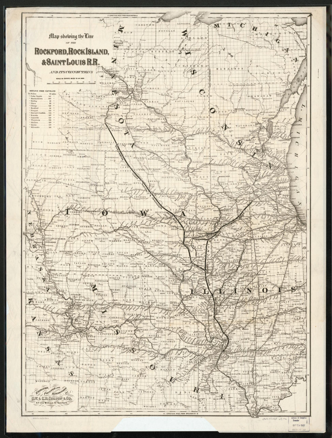 This old map of Map Showing the Line of the Rockford, Rock Island, & Saint Louis R.R. and Its Connections from 1868 was created by G.W. & C.B. Colton & Co, Rock Island Rockford in 1868