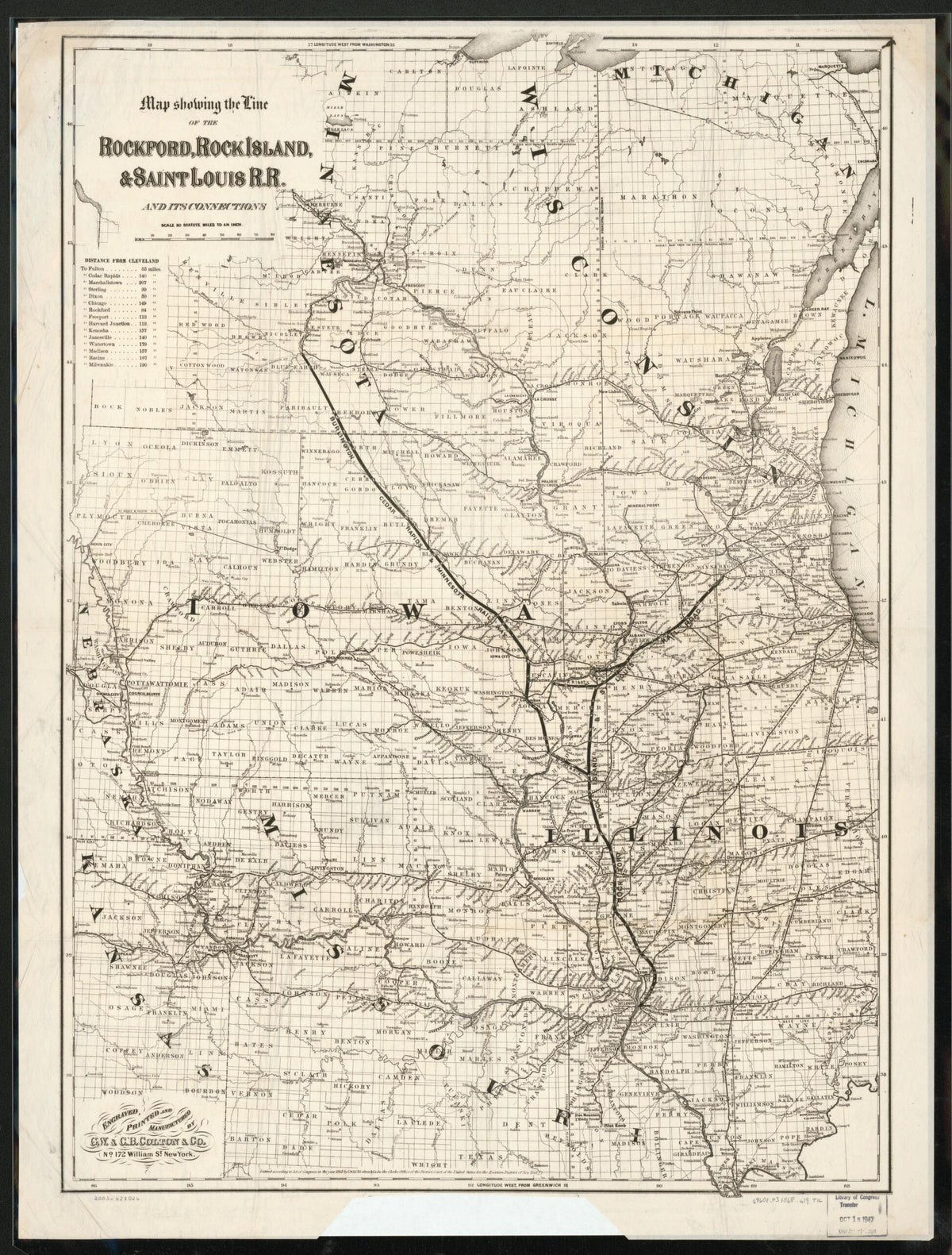 Map Showing the Line of the Rockford, Rock Island, & Saint Louis R.R. and Its Connections 1868 by Relic Map Company