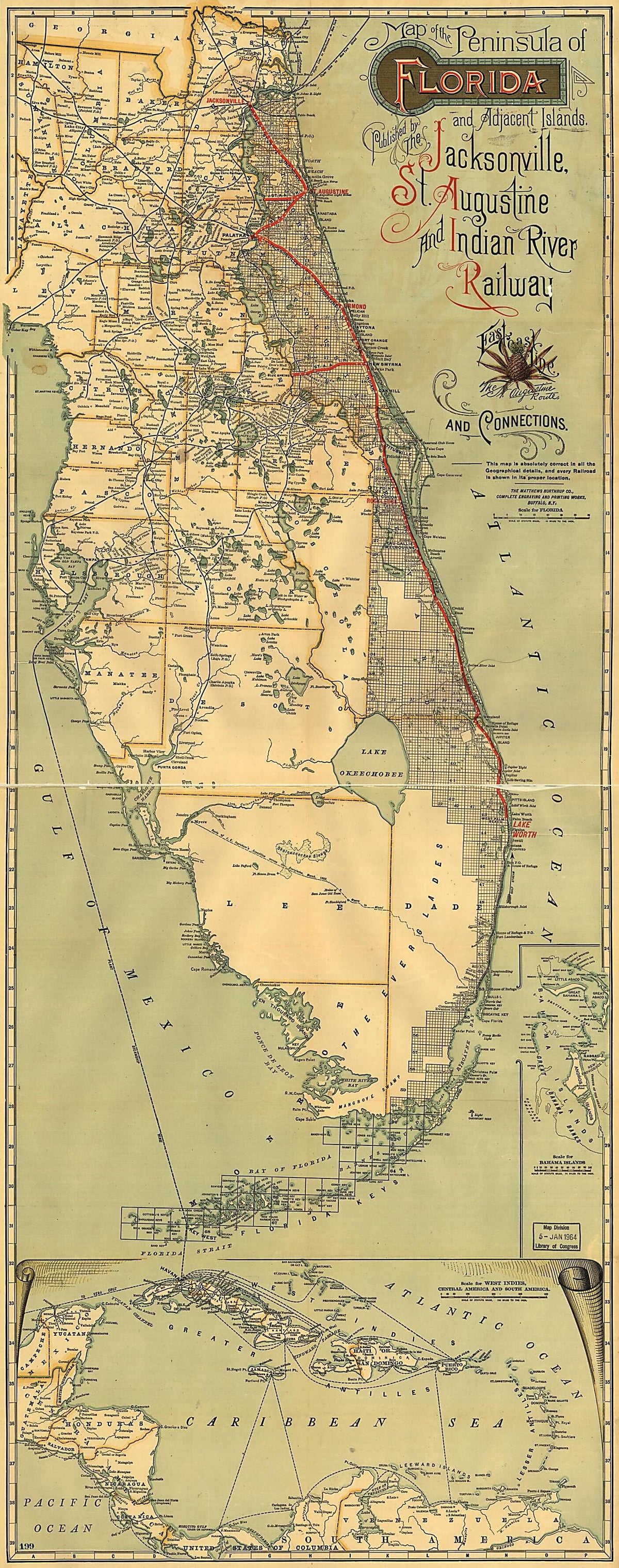 Map of the Peninsula of Florida and Adjacent Islands : East Coast Line, the St. Augustine Routes and Connections. (Jacksonville, St. Augustine, and Indian River Railway) 1893 by Relic Map Company