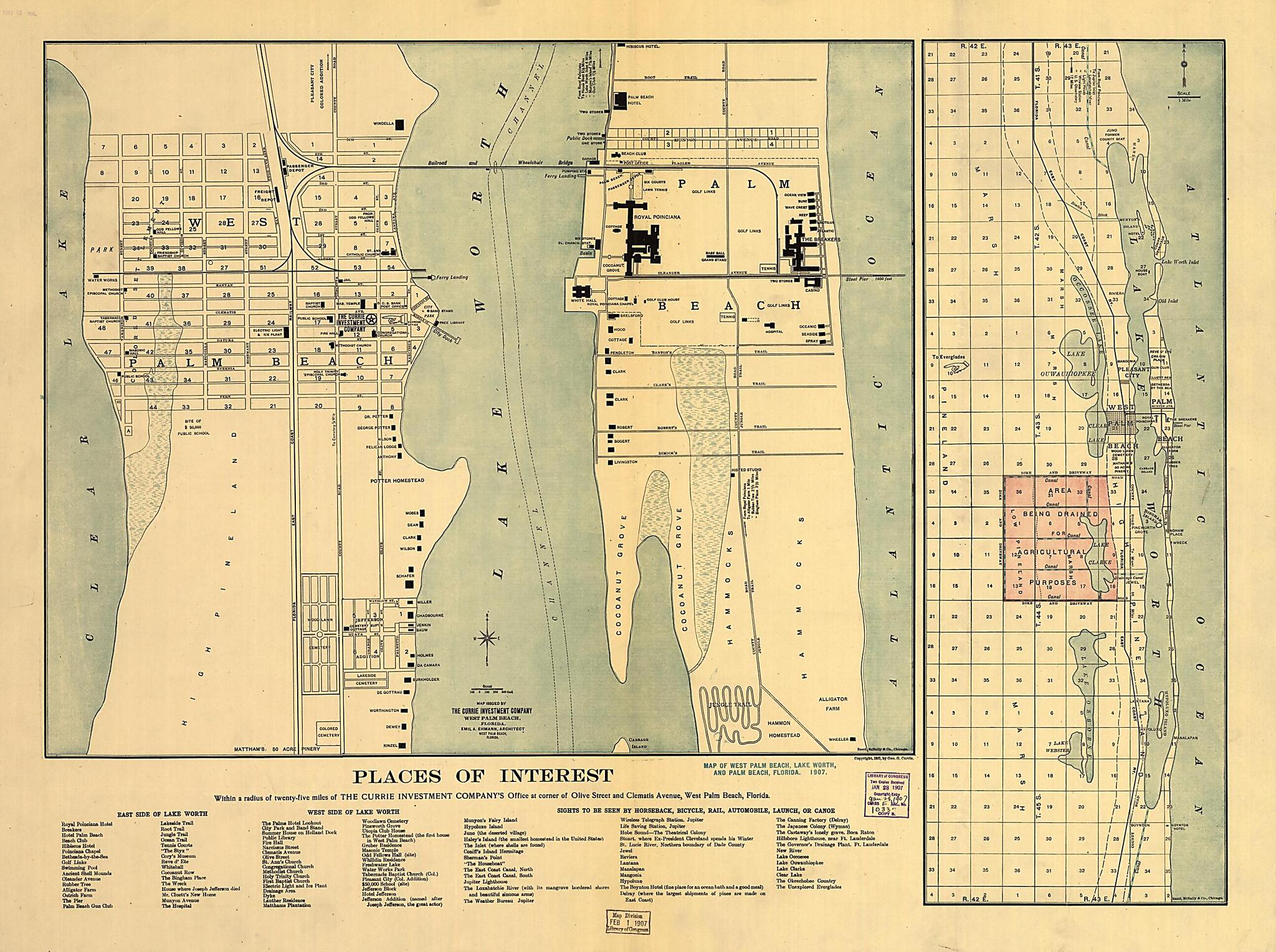 This old map of Map of West Palm Beach, Lake Worth, and Palm Beach, Florida from 1907 was created by Rand McNally and Company in 1907
